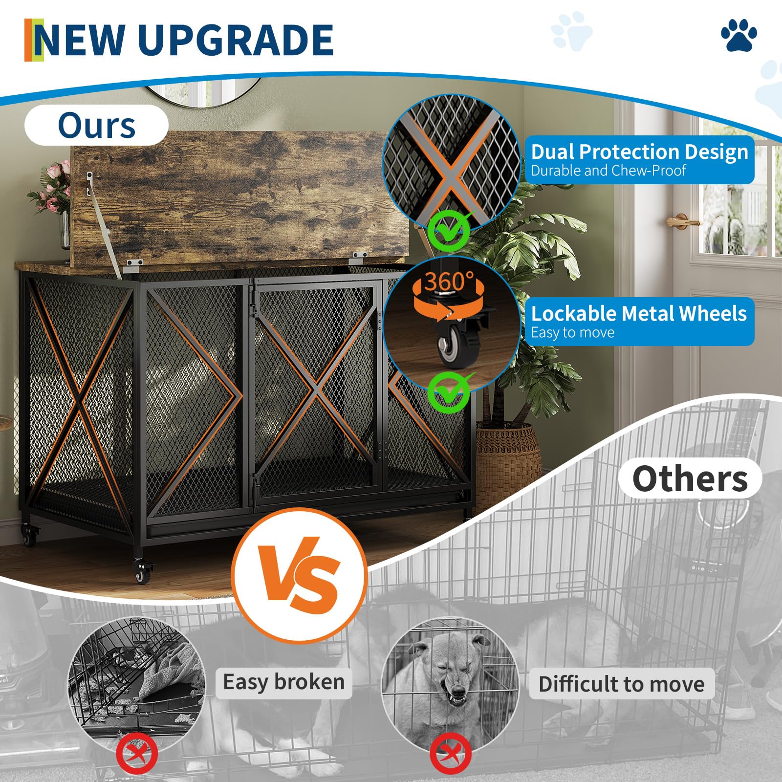 Garvee 48" Heavy Duty Dog Crate Furniture with Wheels, Flip Top Dog Kennel End Table with Removable Tray, Multi-Functional Indoor Pet Cage for Small to Large Pets, Black