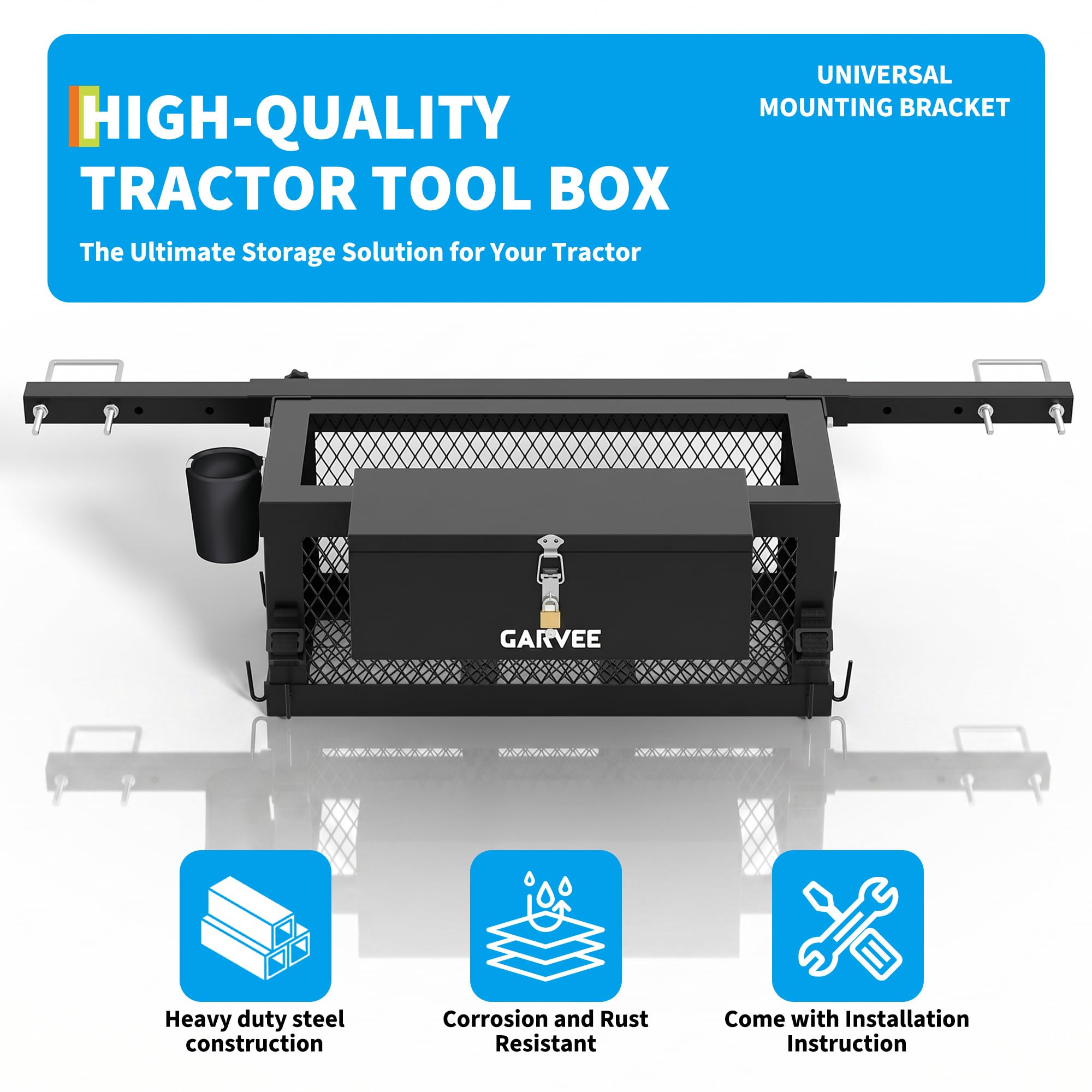Garvee Heavy Duty Steel Tractor Tool Box Organizer Tray – Global Interior Storage for ROPS, Zero Turn Mowers – Multi-Function Utility Holder – 23.5" x 10" x 10" – With Tool Box