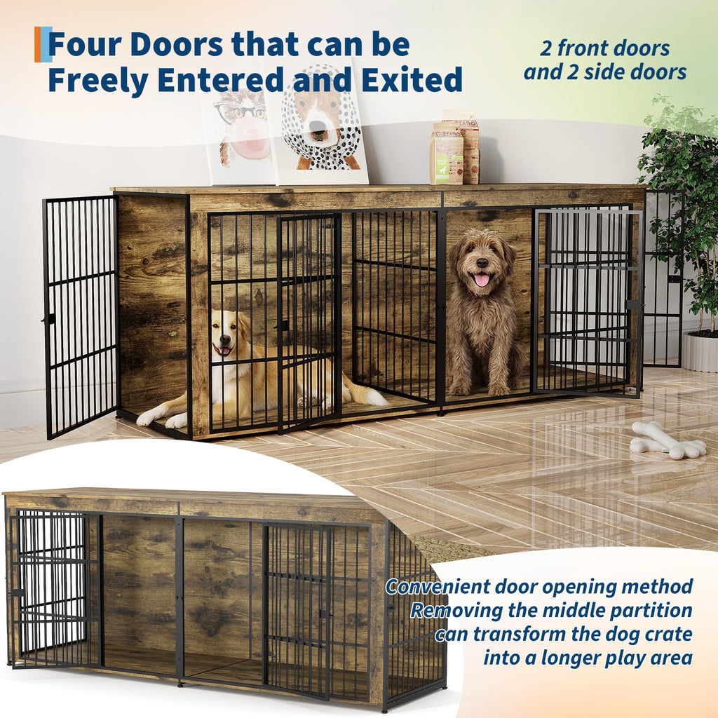 Garvee 94.5" Extra Large Dog House Furniture, Heavy Duty Wooden Dog Kennel Indoor End Table, TV Stand  for Large/Medium Dogs, 4 Doors, Divider, Storage, Adjustable Feet, Vintage Brown