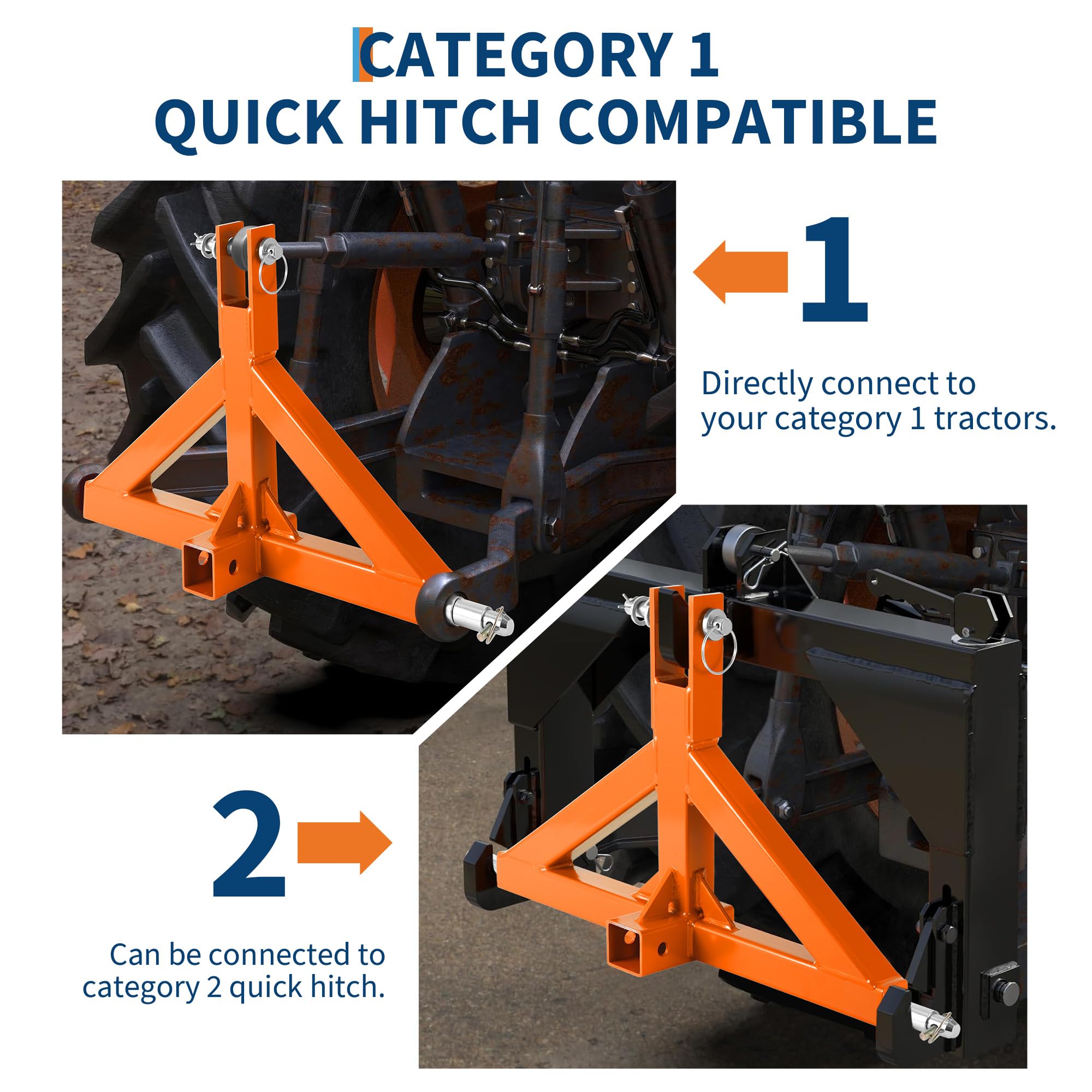 Garvee 3 Point Hitch Receiver 2" with Towing Hook, 3000 lbs Capacity, Q235 Steel, Corrosion-Resistant Powder Coat, Dual-Pin Design, Category 1 Tractors, Subcompact Tractor Use