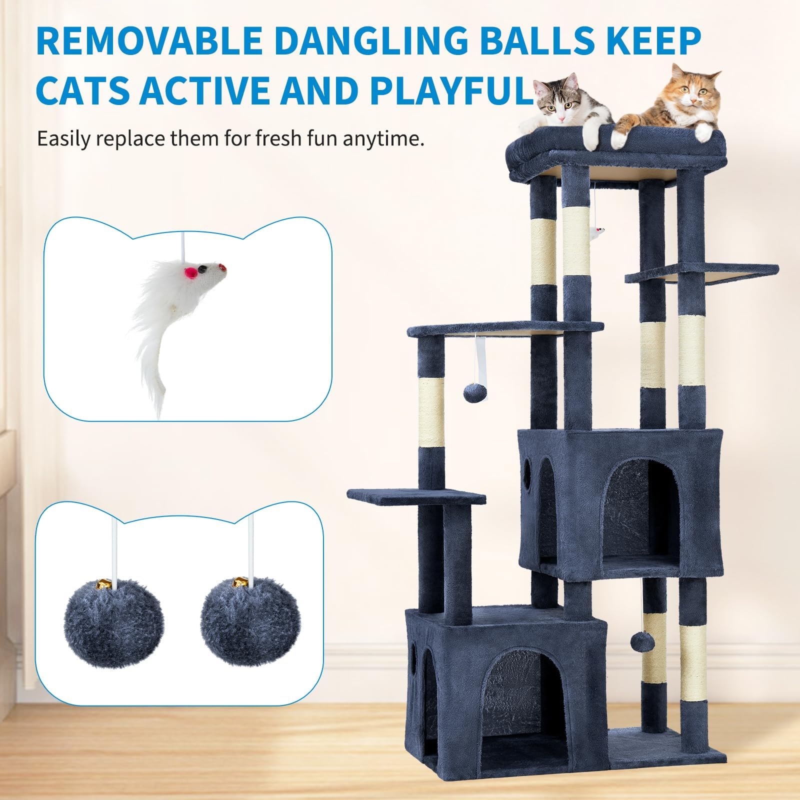 Garvee 61" Multi-Level Cat Tree for Indoor Cats, Heavy-Duty Tower for Large Adult & Maine Coon Cats with Oversized Perch, Dual Condos, Natural Sisal Scratching Posts & Play Toys – Blue