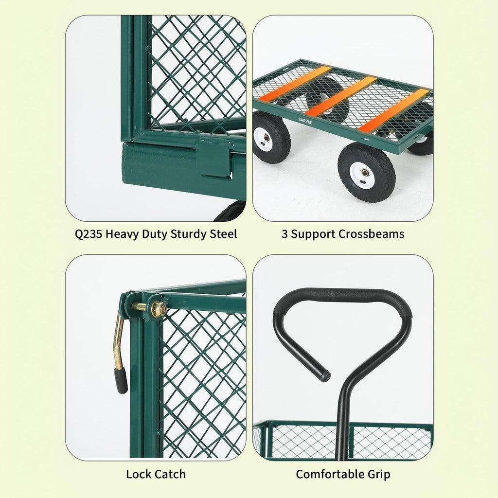 Garvee 800LBS Green Heavy Duty Steel Garden Cart Wagon with 10" Pneumatic Tires, Removable Mesh Sides, 180° Rotating Handle & Waterproof Bag, Utility Yard Trailer for Lawn, Garden & Farm