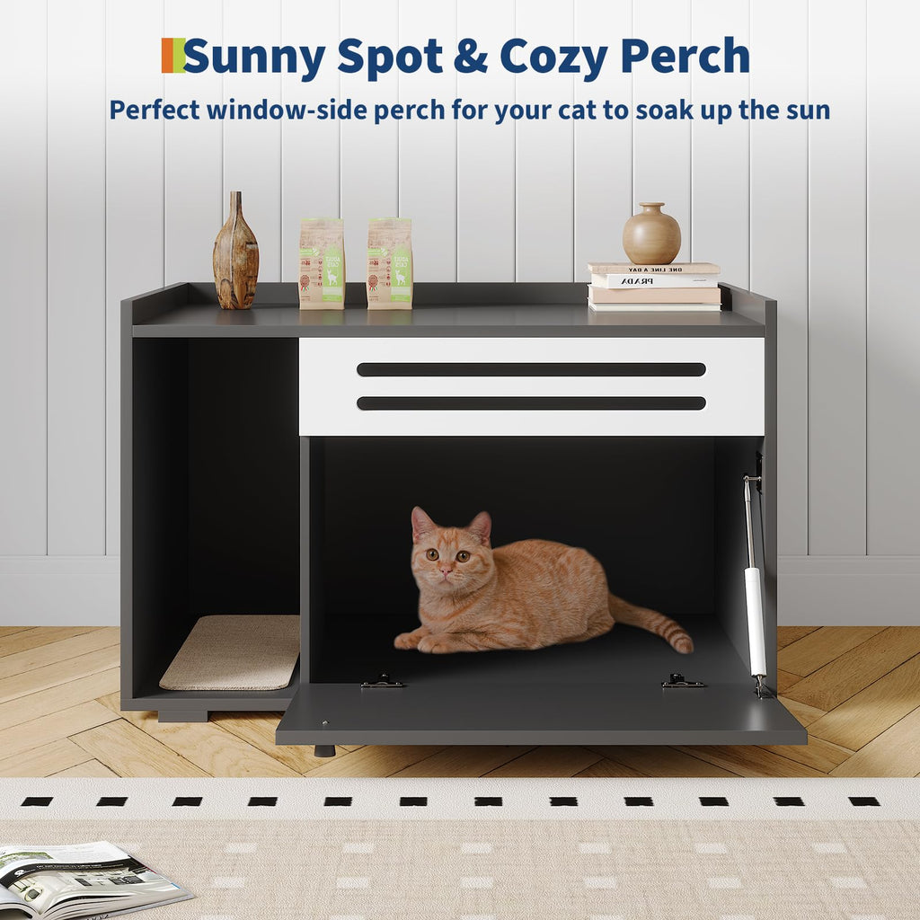 Garvee Dog-Proof & Ventilated Cat Litter Box Enclosure Furniture – Large Modern Hidden Cabinet with Turn-Down Door, Easy to Clean, Indoor Cat Privacy House – Black