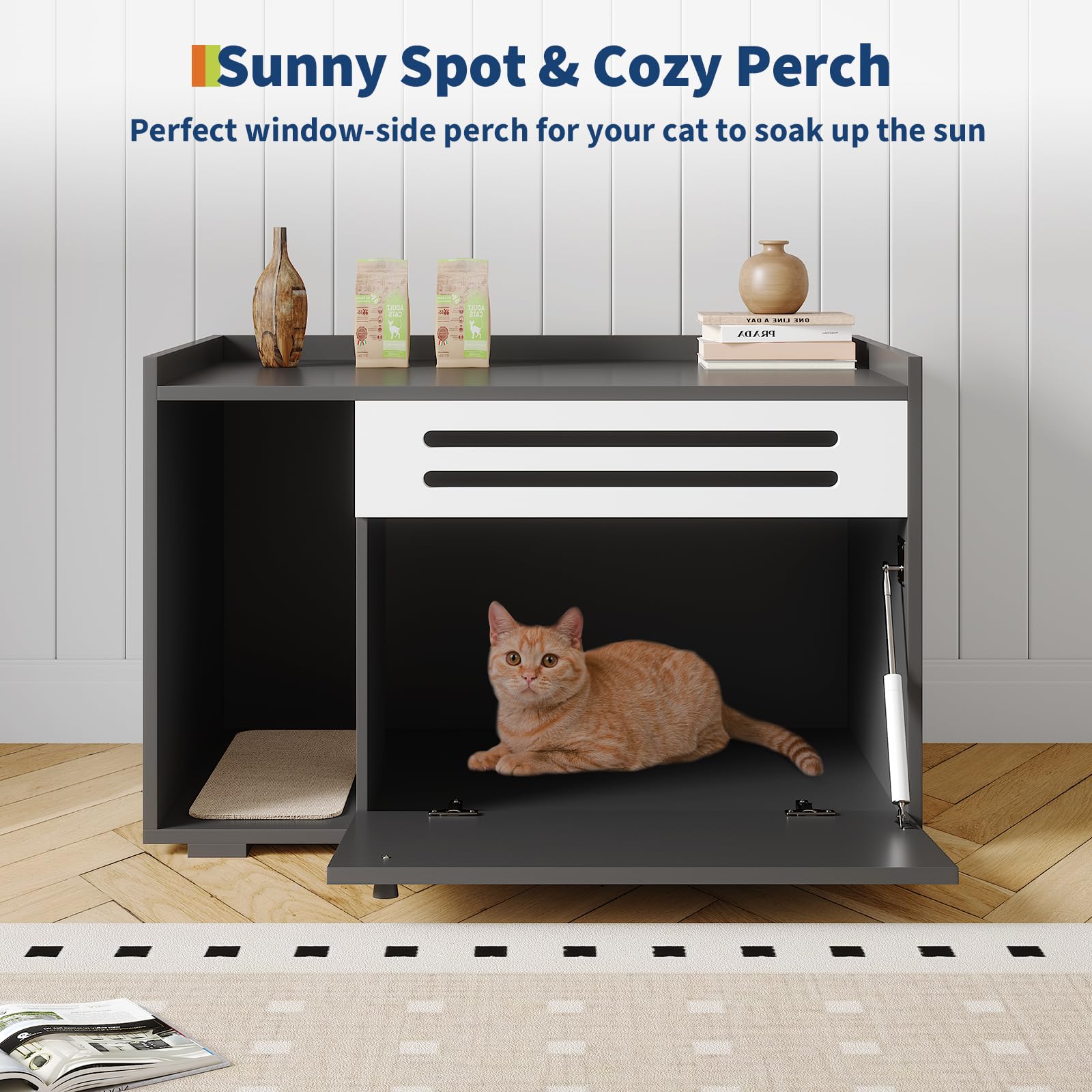 Garvee Dog-Proof & Ventilated Cat Litter Box Enclosure Furniture – Large Modern Hidden Cabinet with Turn-Down Door, Easy to Clean, Indoor Cat Privacy House – Black