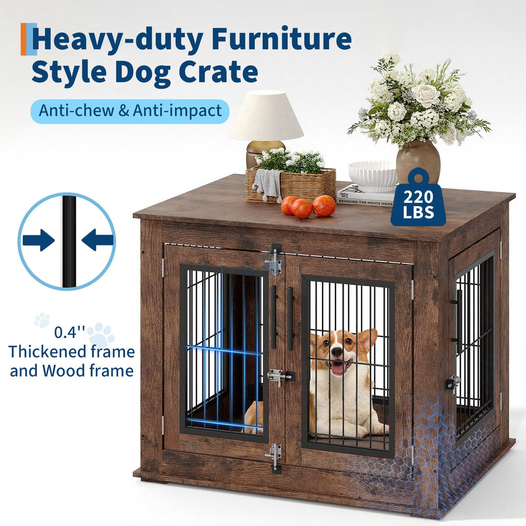 Garvee Medium Farmhouse Dog Crate Furniture End Table, Heavy Duty Wooden Kennel Cabinet with Double Doors for Small/Medium Dogs, Chew-Resistant Indoor Dog House Console for Living Room
