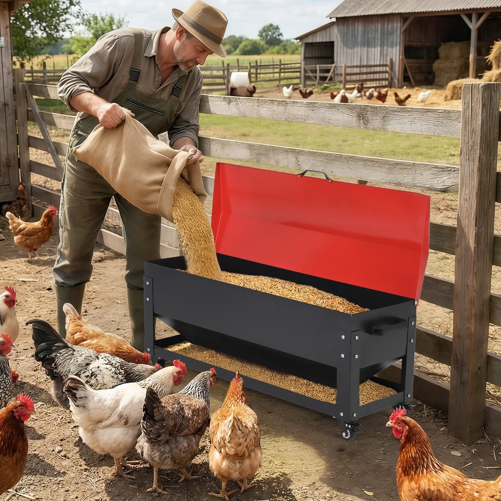 Garvee 120lbs Large Metal Chicken Feeder Box – Galvanized Steel, Automatic Poultry Feeding, Waterproof Red Lid, Brake Casters, Portable Handles – For Chickens, Ducks, Geese, Hens, Roosters, Quail, Turkey – Large - Red Lid