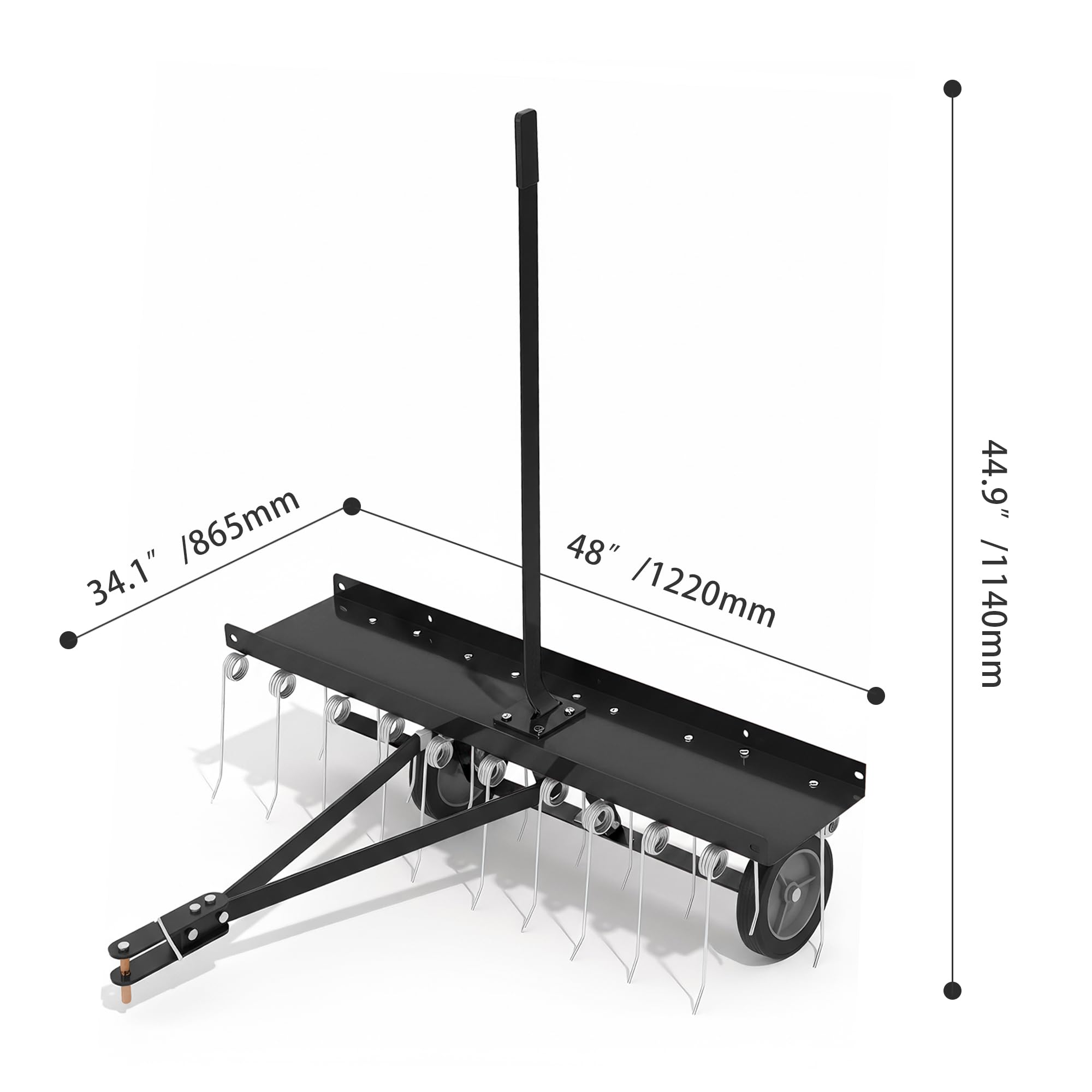 Garvee Tow Behind Lawn Rake 48-Inch Dethatcher with 24 Spring Steel Tines Heavy-Duty Steel Frame Adjustable Weight Tray for ATV Mower Garden Farm