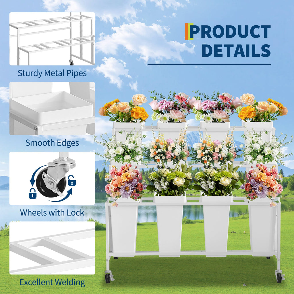 Garvee Flower Display Stand,3 Tier Flower Cart with 12 Round Buckets and Wheels, Moving Flower Cart Display Stand for Garden, Wedding, Flower Shop,White