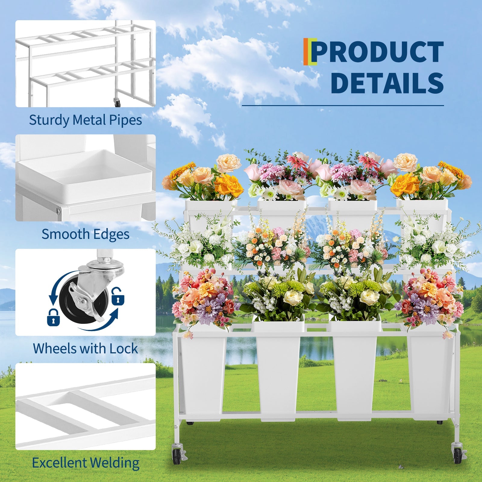 Garvee Flower Display Stand,3 Tier Flower Cart with 12 Round Buckets and Wheels, Moving Flower Cart Display Stand for Garden, Wedding, Flower Shop,White