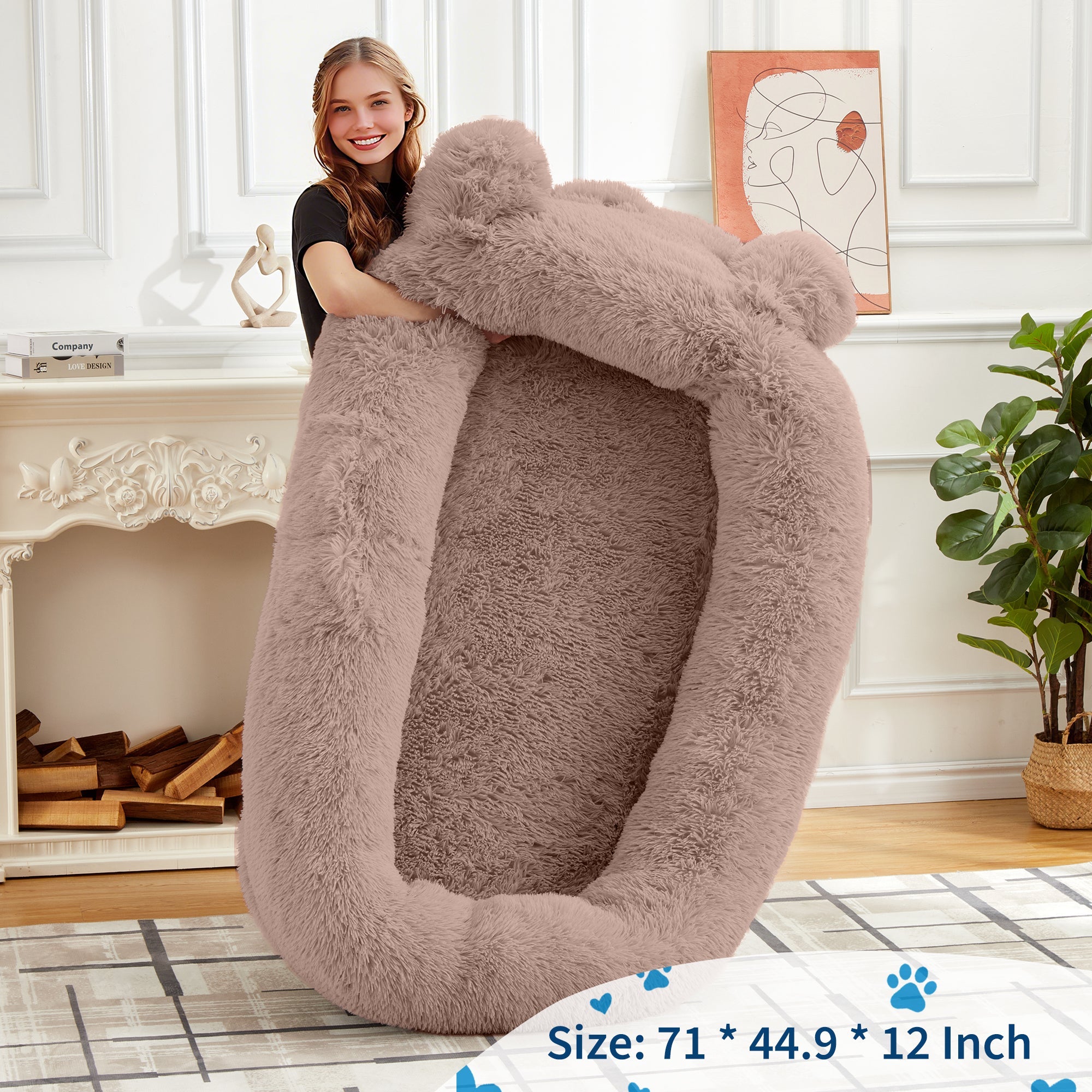 Garvee Human Dog Bed, 71 in x45 in x12 in Large Dog Bed with Blanket, Storage Pockets, Portable Handle, Removable Cover, Human Size Pet Bed for Adult, Khaki