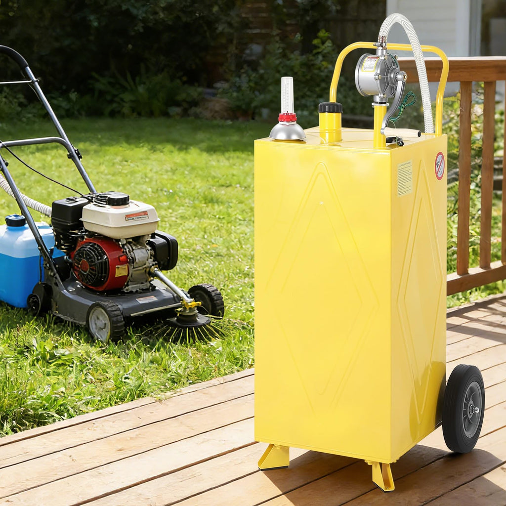 Garvee 35 Gallon Portable Fuel Gas Caddy – Manual Rotary Pump, Wheels, Fuel Hose, Level Gauge, Wide Fill Neck – Mobile Gasoline/Fuel Transfer Tank for ATV, Tractor, Mower, Car, Boat – Reinforced 2-wheel, 2-support version - Yellow - Ma Hailin