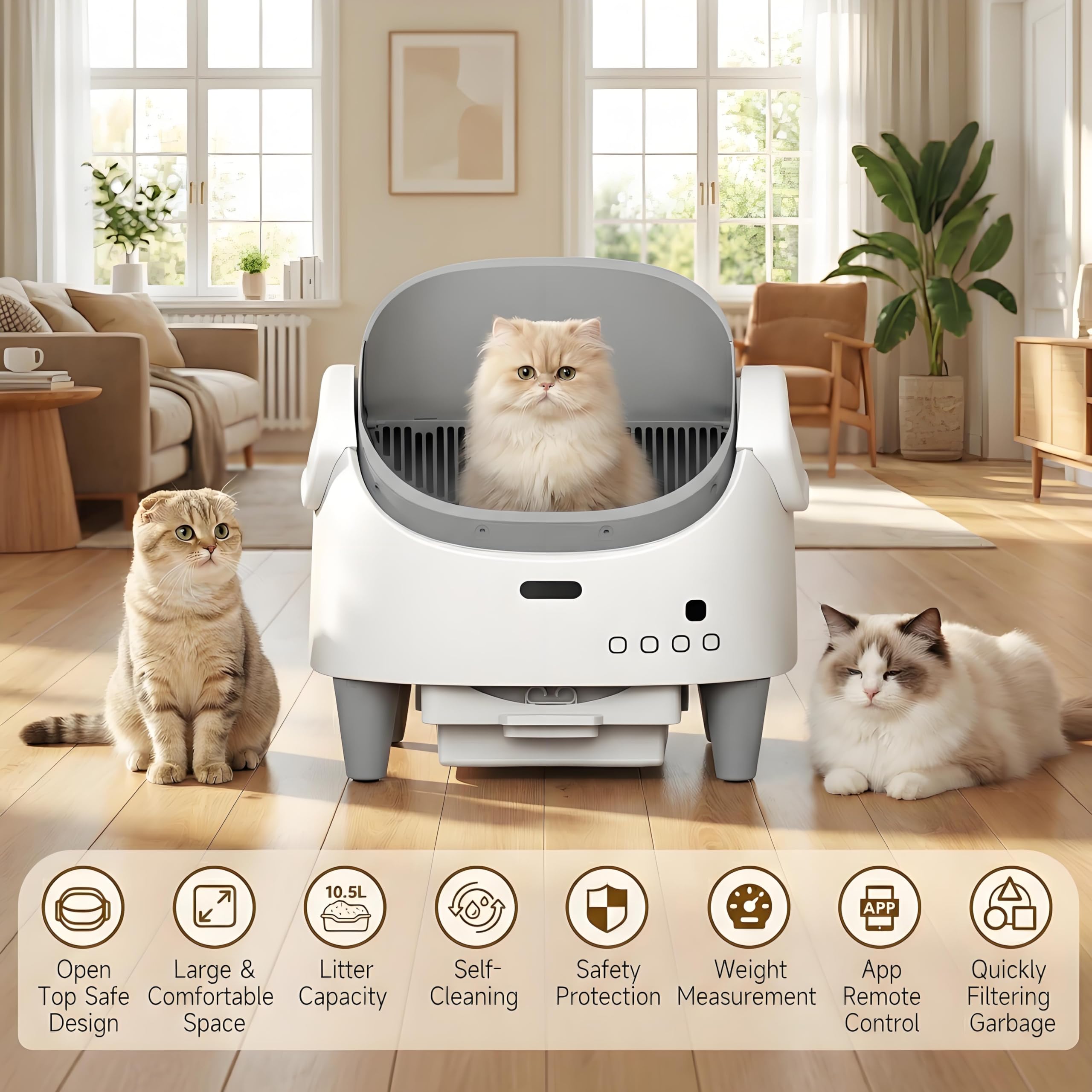 Garvee Automatic Cat Litter Box with App Control, Self-Cleaning Cat Litter Box with Open-Top Design, Odor-Free Cat Toilet with Large Waste Bin Disposable Bags for Single, Multi Cat Households, White