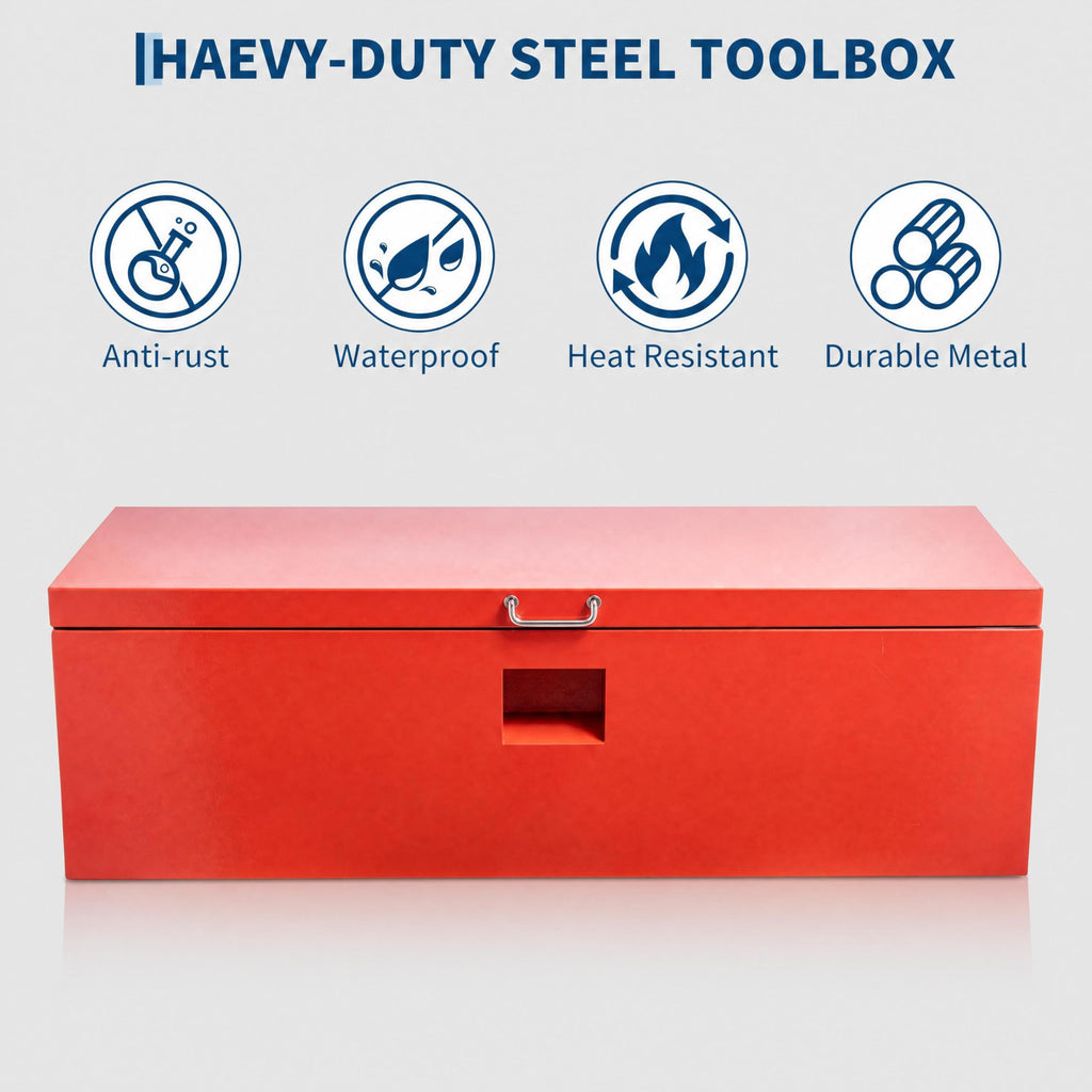 Garvee 30"X16"X14" Heavy Duty Lockable Steel Truck Bed Toolbox – Dual Lids, Weatherproof Powder-Coated, Gas Struts, Front & Side Handles for Pickup, RV, Trailer, Red
