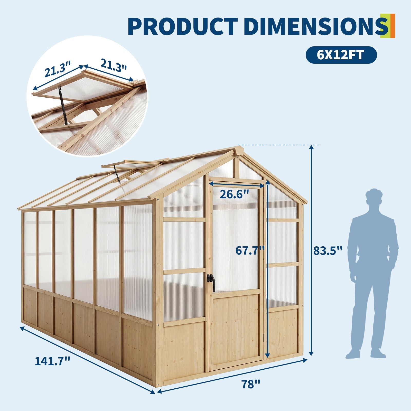 Garvee 6' x 12' Wooden Walk-In Greenhouse Kit, Outdoor Green House with Natural Spruce Wood Frame, Polycarbonate Panels, Ventilated Windows & Lockable Door for Garden, Backyard, Patio & Lawn