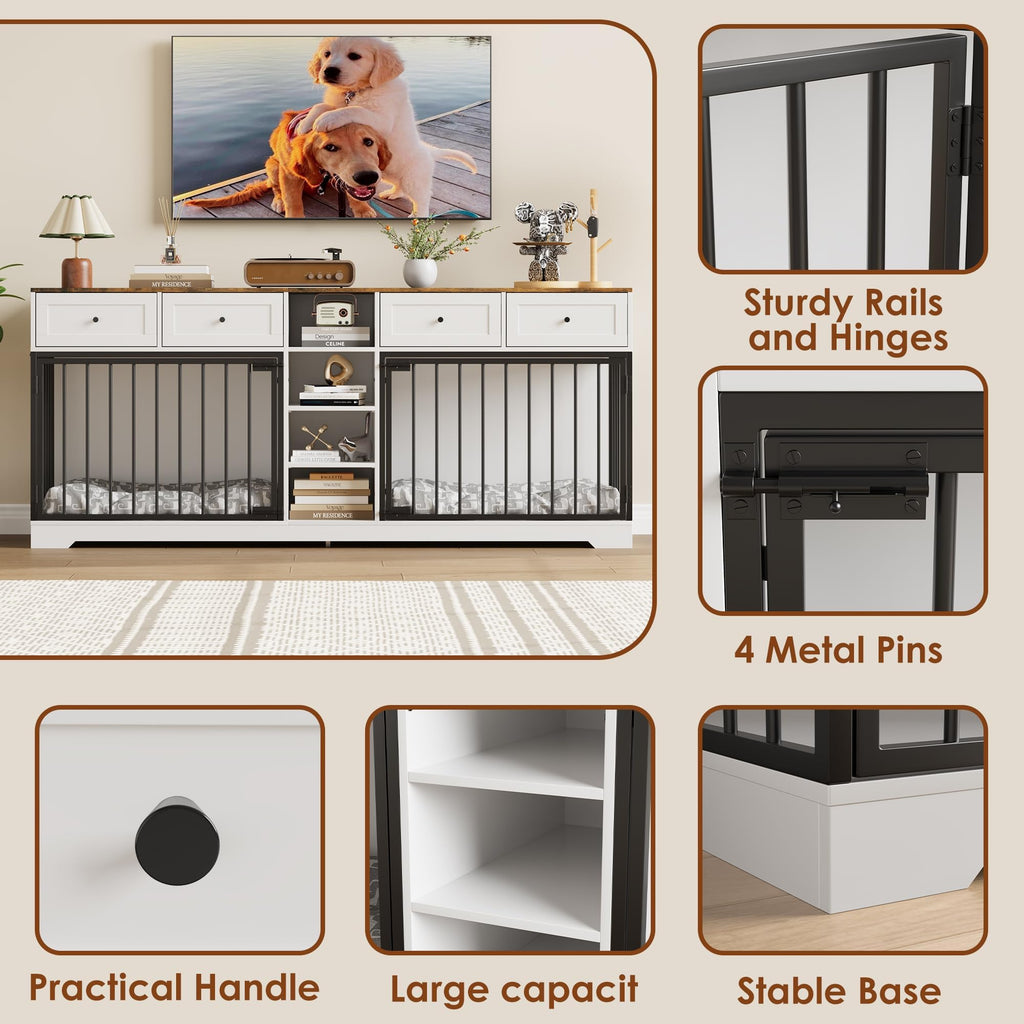 Garvee 82" Large Dog Crate for 2 Dogs, Dog Kennel Indoor with 4 Drawers and Shelves, Double Dog Crate Furniture TV Stand, Wooden Dog Cage for Medium Large Dogs, White
