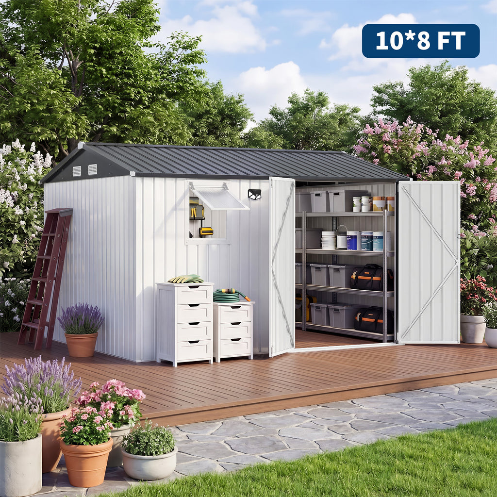 Garvee 10x8FT Metal Outdoor Storage Shed with Pushable Window, LED Light & Pegboard, Lockable Double Doors, Sloping Roof, Ventilation, Corrosion-Resistant Steel Garden Tool Shed for Patio, Backyard & Garage