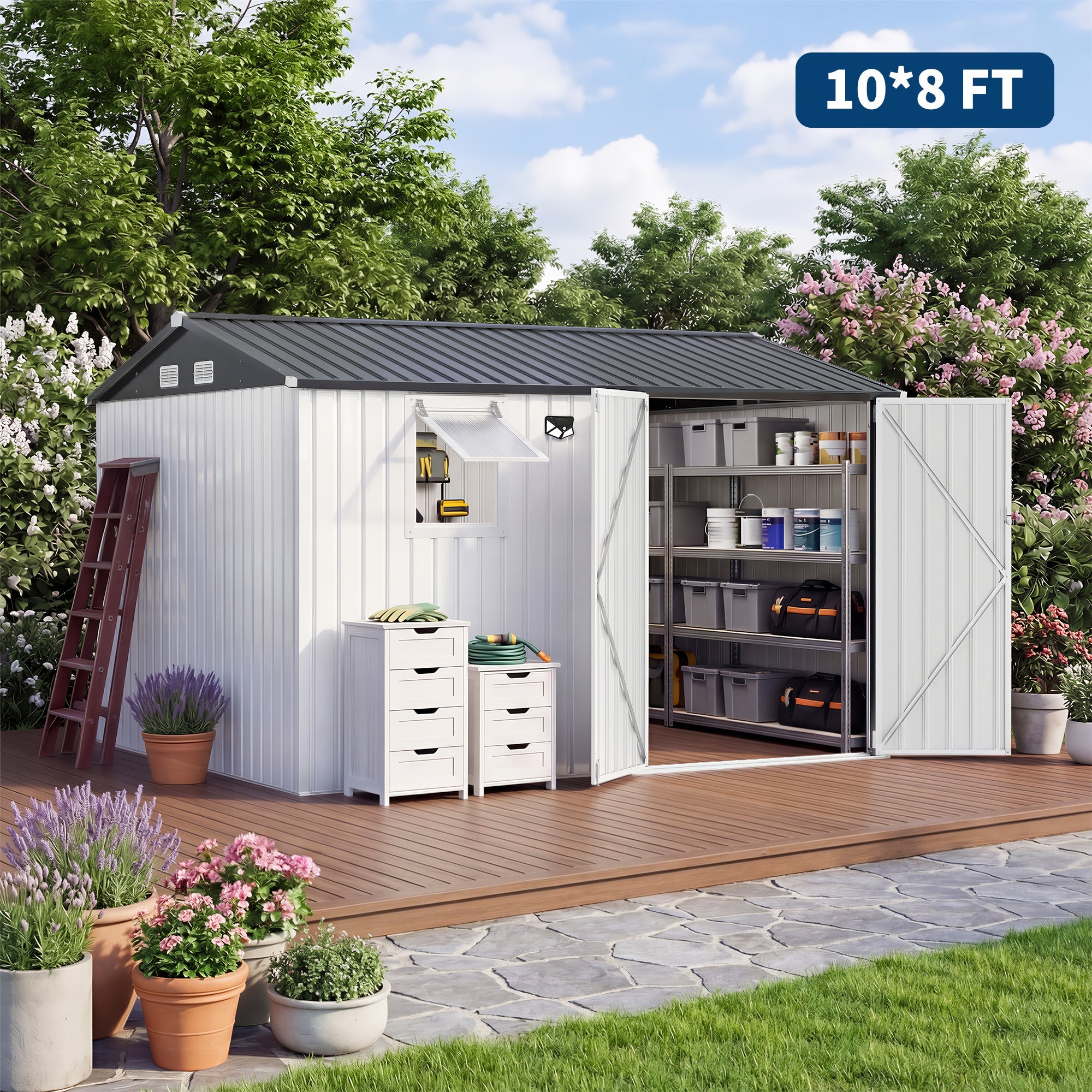 Garvee 10x8FT Metal Outdoor Storage Shed with Pushable Window, LED Light & Pegboard, Lockable Double Doors, Sloping Roof, Ventilation, Corrosion-Resistant Steel Garden Tool Shed for Patio, Backyard & Garage