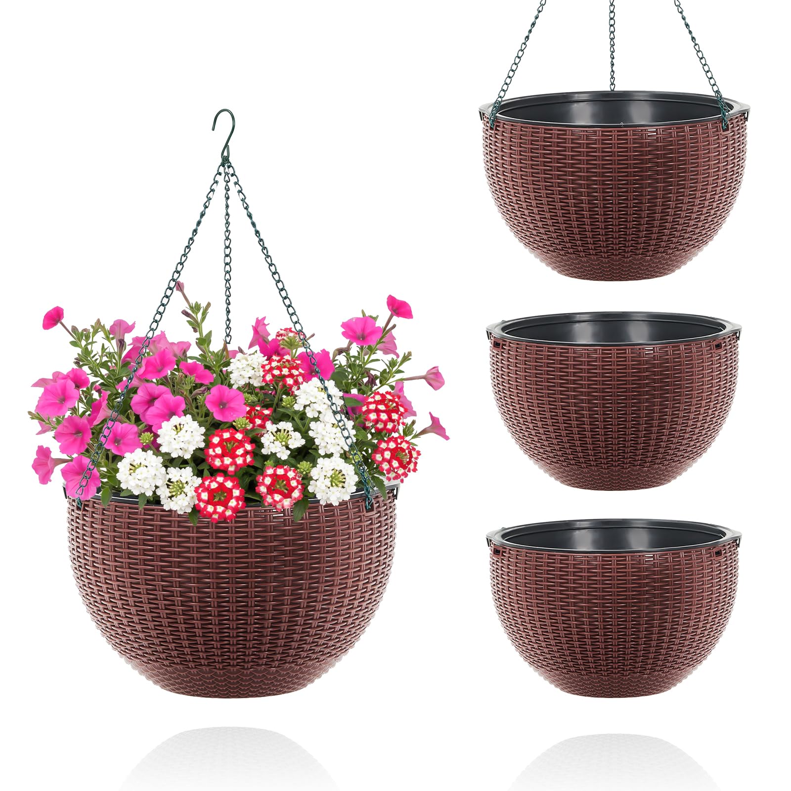 Garvee Self-Watering Hanging Planters for Indoor & Outdoor Plants, 4-Pack 13.8 in Resin Baskets with Rattan Look, Drainage Plugs and Triple-Chain Hangers