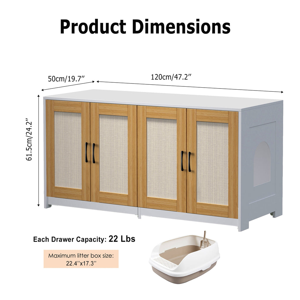Garvee 47'' Cat Litter Box Enclosure for 2 Litter Boxes with 4 Sisal Doors, Hidden Litterbox Enclosure with Double Room, Wooden Sideboard TV Stand White