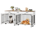 Garvee 71-Inch Large Dog Crate with Divider and 3 Drawers, Spacious Wooden Indoor Kennel, Double Doors with Locks, Brown & White, for Medium Large Dogs, Home Use