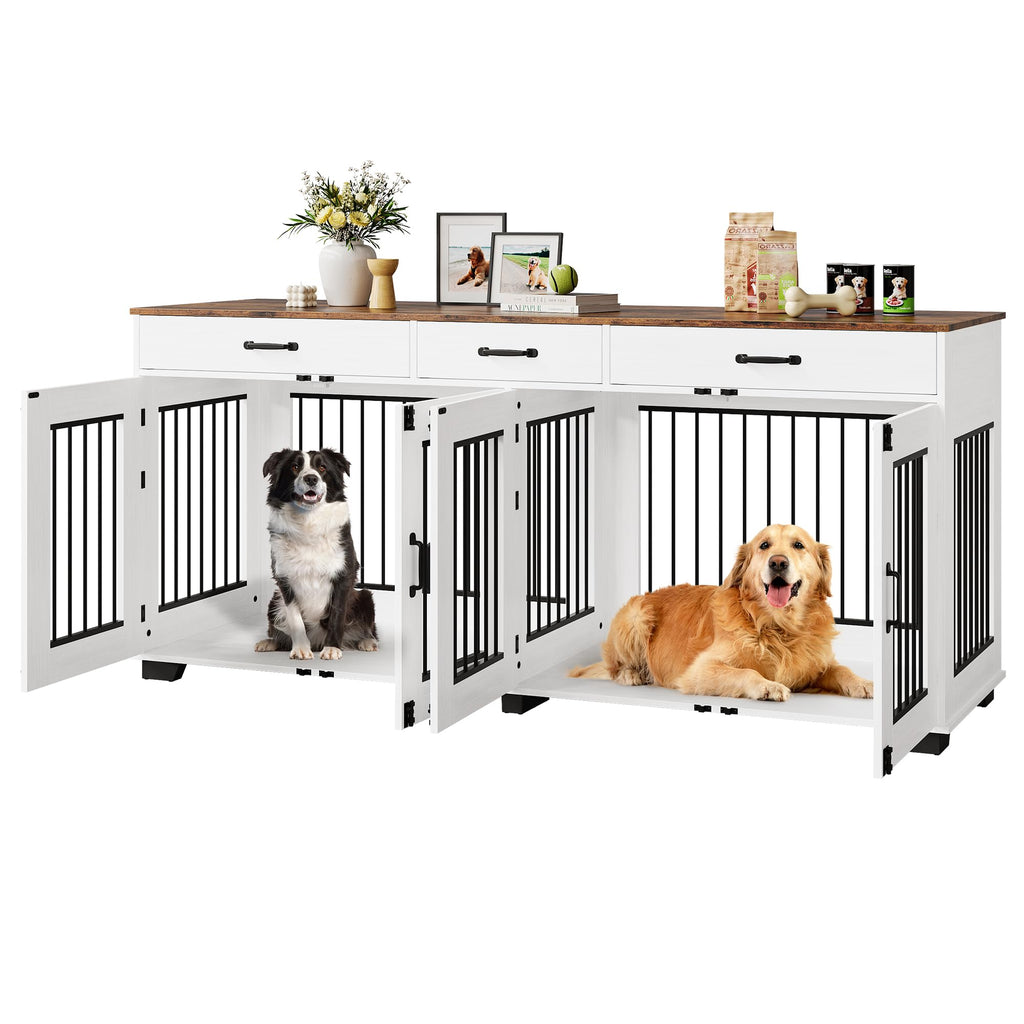 Garvee 71-Inch Large Dog Crate with Divider and 3 Drawers, Spacious Wooden Indoor Kennel, Double Doors with Locks, Brown & White, for Medium Large Dogs, Home Use