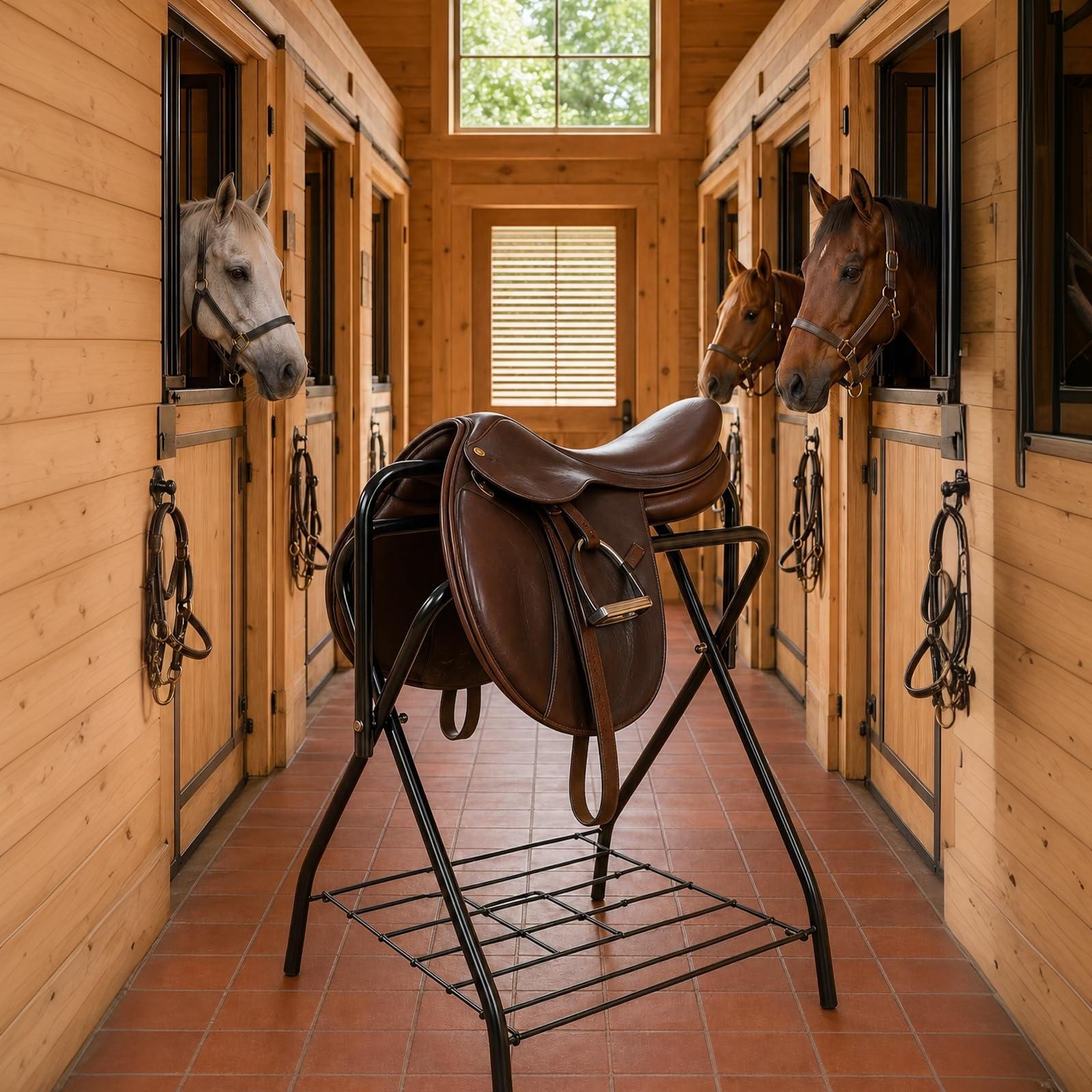Garvee Heavy Duty Collapsible Saddle Rack with Storage Shelf (2-Pack) - Freestanding Steel X-Frame Stand for English & Western Saddles, Horse Tack, and Blanket Organizer, Matte Black
