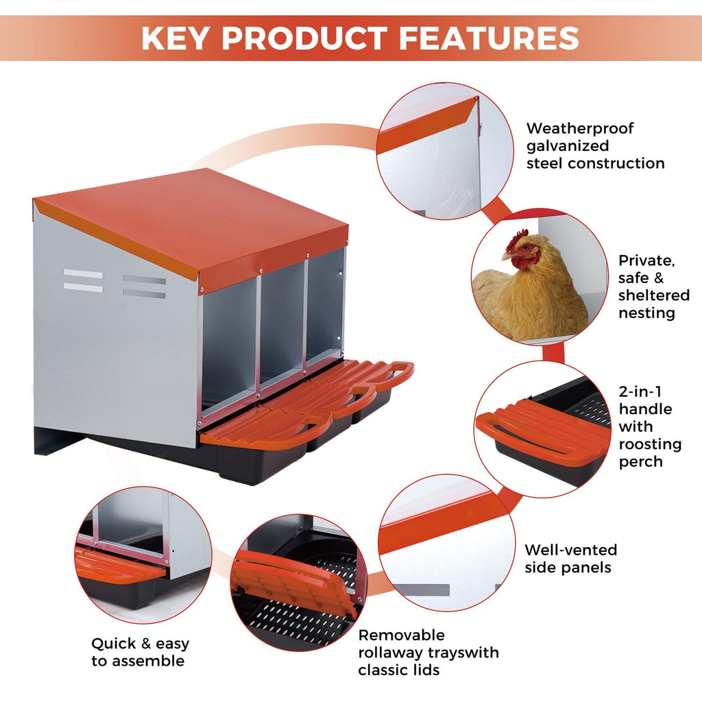 Garvee 3-Compartment Galvanized Steel Chicken Nesting Box – Roll-Away Tray & Support Stand, Orange