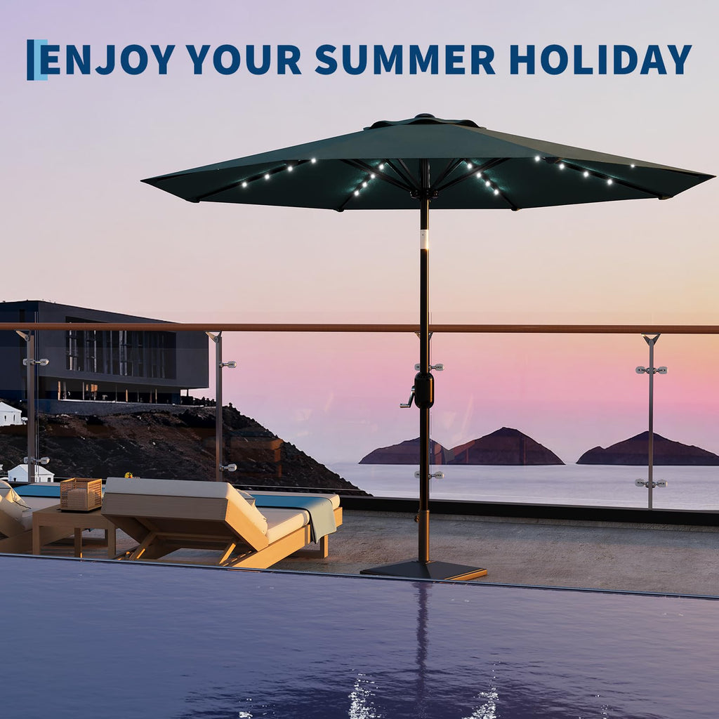 Garvee 10 FT Patio Umbrella with Solar Lights, Outdoor Table Umbrella with 8 Durable Ribs, Tilt & Crank Mechanism, Waterproof & UV Protection for Garden, Backyard, Poolside, Light Blue