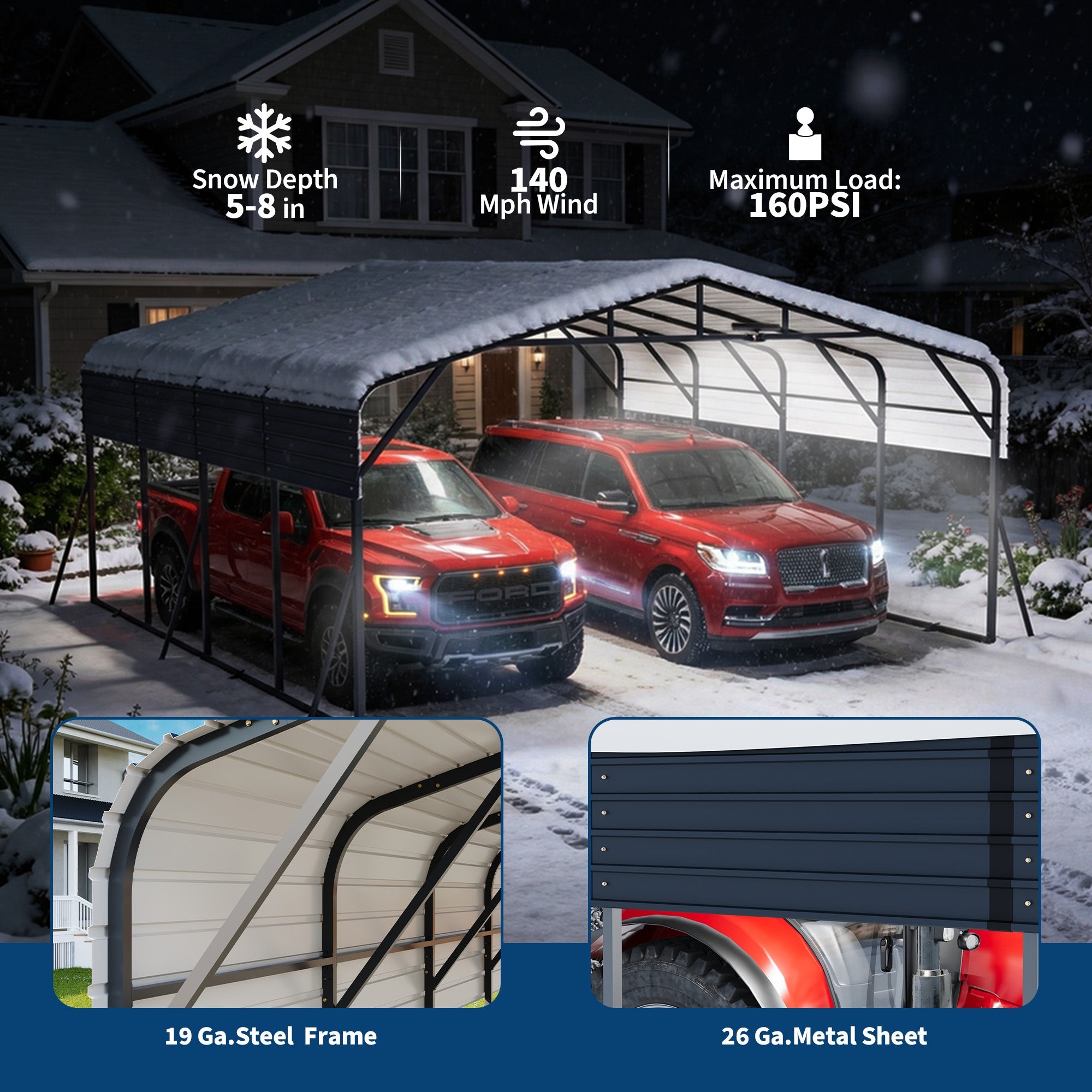 Garvee 20x20 FT Heavy Duty Metal Carport for 2 Cars – Galvanized Steel Roof, Wind & Snow Resistant, Reinforced Frame Outdoor Car Shelter with Solar Light, Dark Gray