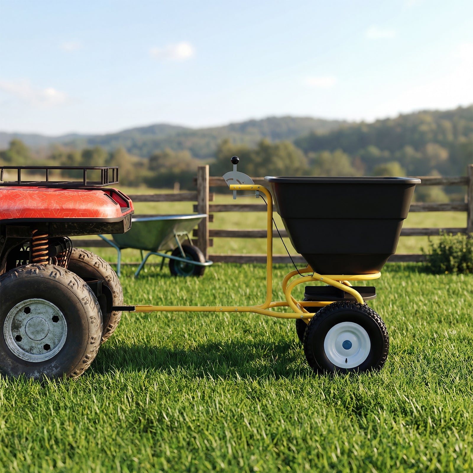 Garvee Tow-Behind Broadcast Spreader, 110 lbs Capacity with 10-Inch Pneumatic Tires, Universal Hitch and Feeder Cover for Seed, Fertilizer and Salt, Yellow