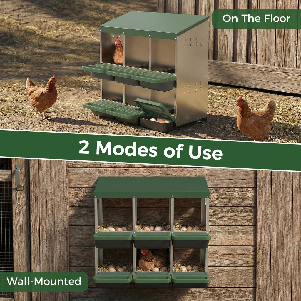 Garvee 6-Hole Chicken Nesting Box Metal Coop with Roll Away Design & Ventilation Holes Galvanized Steel Removable Lid Green for Backyard & Small Farms