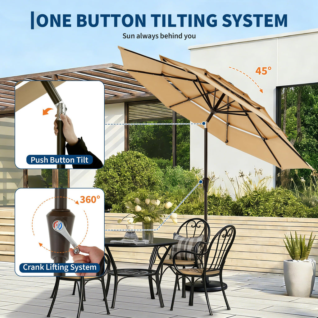 Garvee 10 FT Solar Patio Umbrella, 3-Tier Vented Canopy with 24 LED Lights, 8-Rib Steel Frame, Crank Tilt Market Umbrella for Garden, Pool & Deck, Khaki