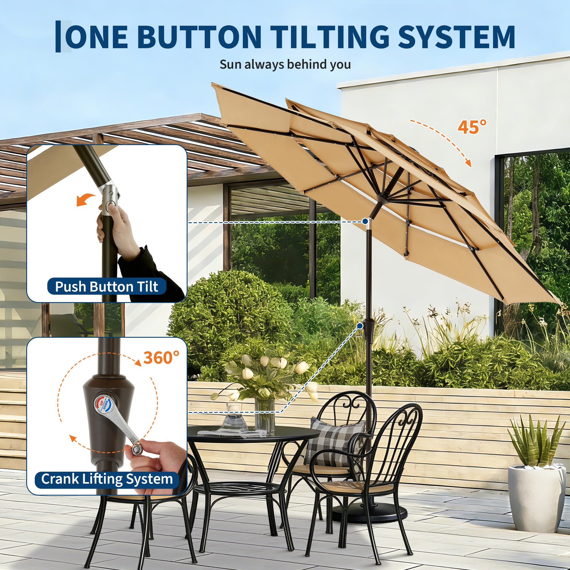 Garvee 10 FT Solar Patio Umbrella, 3-Tier Vented Canopy with 24 LED Lights, 8-Rib Steel Frame, Crank Tilt Market Umbrella for Garden, Pool & Deck, Khaki