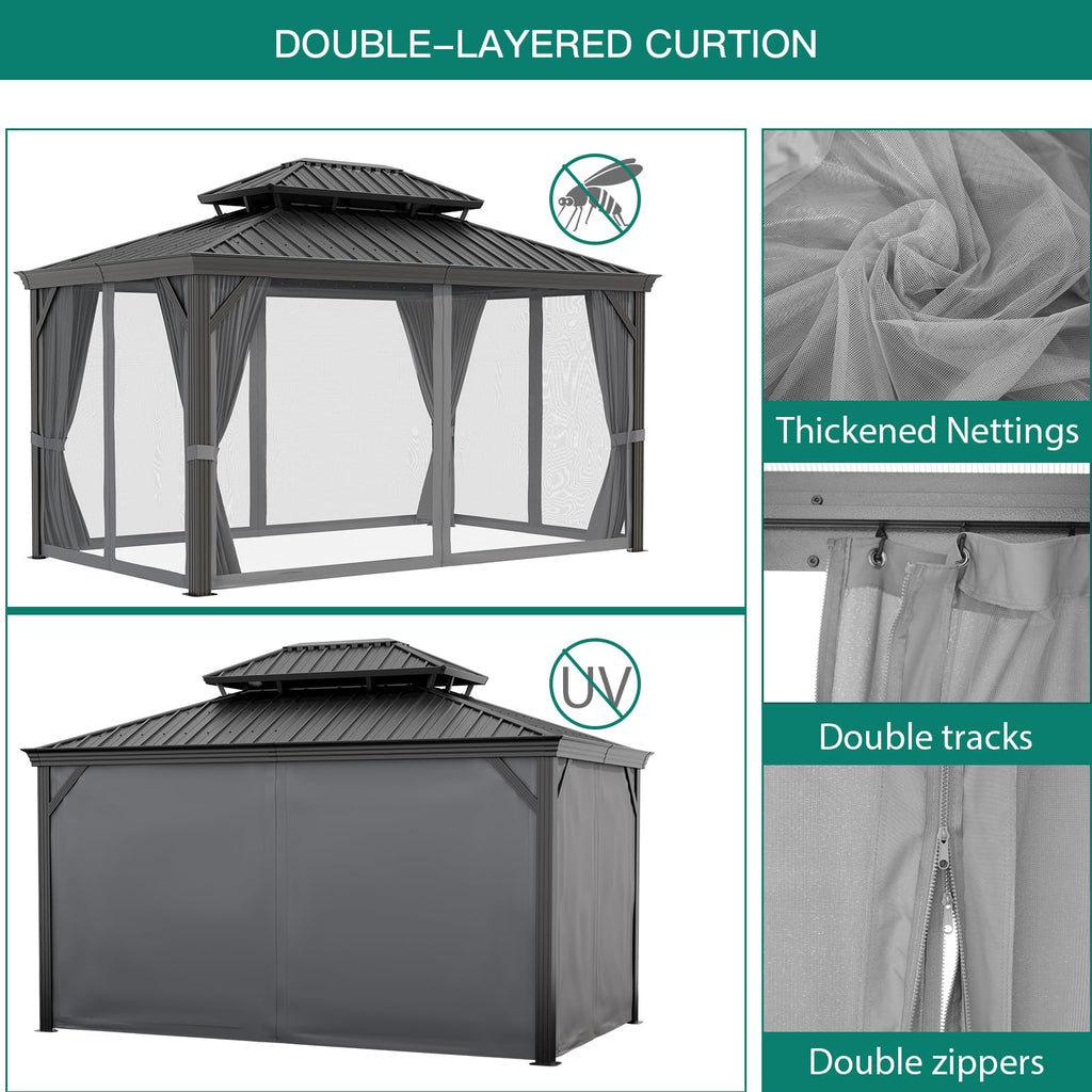 Garvee 12' x 16' Hardtop Gazebo, Double Metal Roof, Aluminum Frame Outdoor Pavilion with Curtains & Mosquito Netting for Patio, Backyard & Garden, Black/Gray