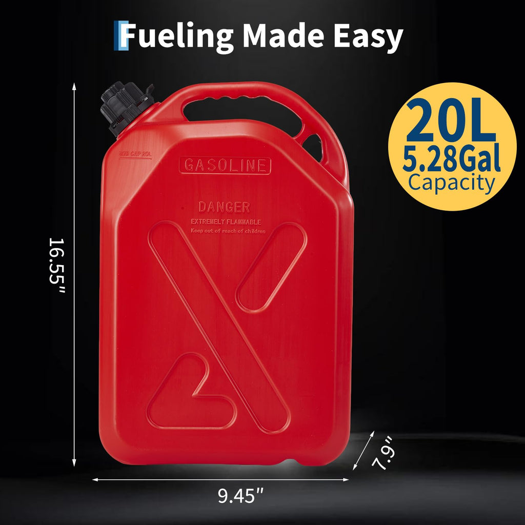 Garvee Heavy Duty Portable Fuel Tank for Gas & Fuel Oil - 20L (5.28 Gallon), 2 Pack - Includes Transfer Hose, Nozzle, Child-Resistant Lock, Anti-Spill, Rapid-Current Spout - Mobile Storage for Boats, Docks, Farms, Shops, Garage - US Market Only, 20L