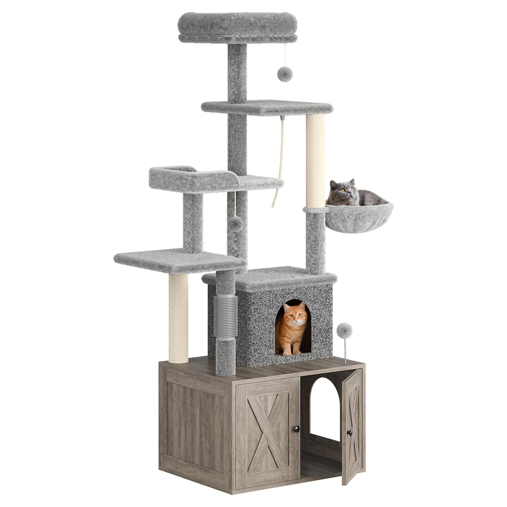 Garvee Litter Box Enclosure with Cat Tree, 2-In-1 Modern Cat Tower, Hidden Washroom Furniture, Wood Cat Condo with Scratching Post and Hammock, Indoor Pet Furniture with Multiple Platform, Gray