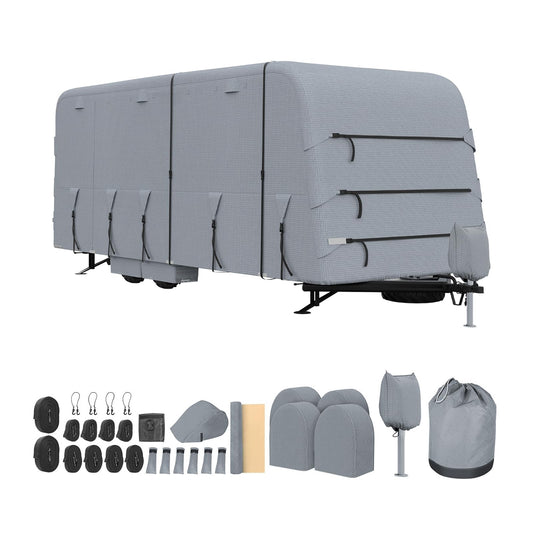Garvee 24-27FT Heavy-Duty Trailer Cover for Campers, 4-Ply Oxford RV Cover with Waterproof Roof, Breathable Side Vents, UV Protection, Tie-Down Straps, Zipper Access, Tire Covers, and Storage Bag, Grey