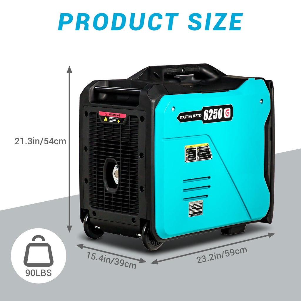 Garvee G6250 Portable Inverter Generator — 6250W Peak / 5800W Rated, 120V/60Hz, RV-Ready 30A, Ultra-Quiet <60 dB, 2.9 gal Tank, Wheels & Carry Handle