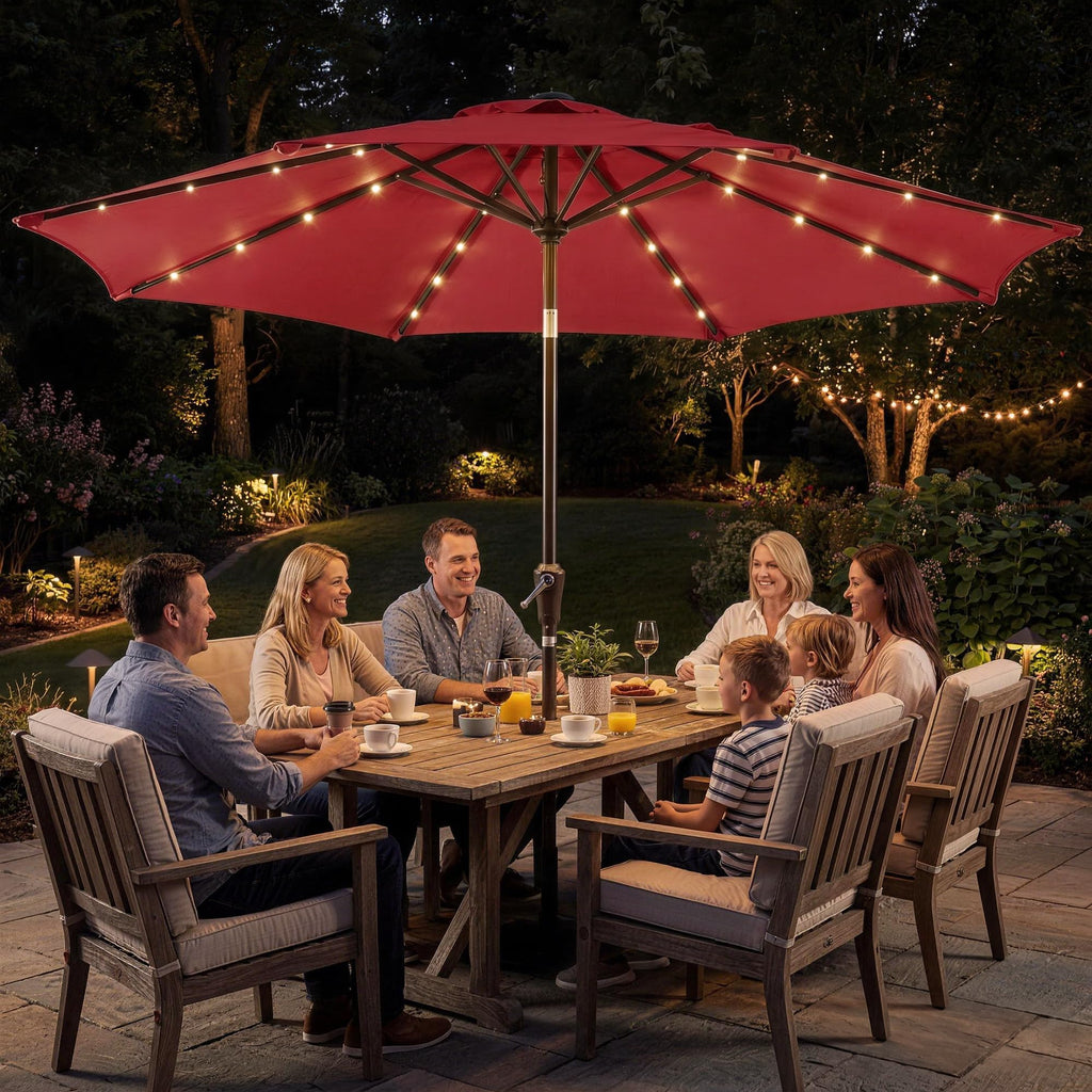 Garvee 9 FT Solar LED Patio Umbrella, Outdoor Market Table Umbrella with Tilt & Crank, 32 Lights, 8 Iron Ribs, UV Sun Shade for Garden, Deck & Pool, Red
