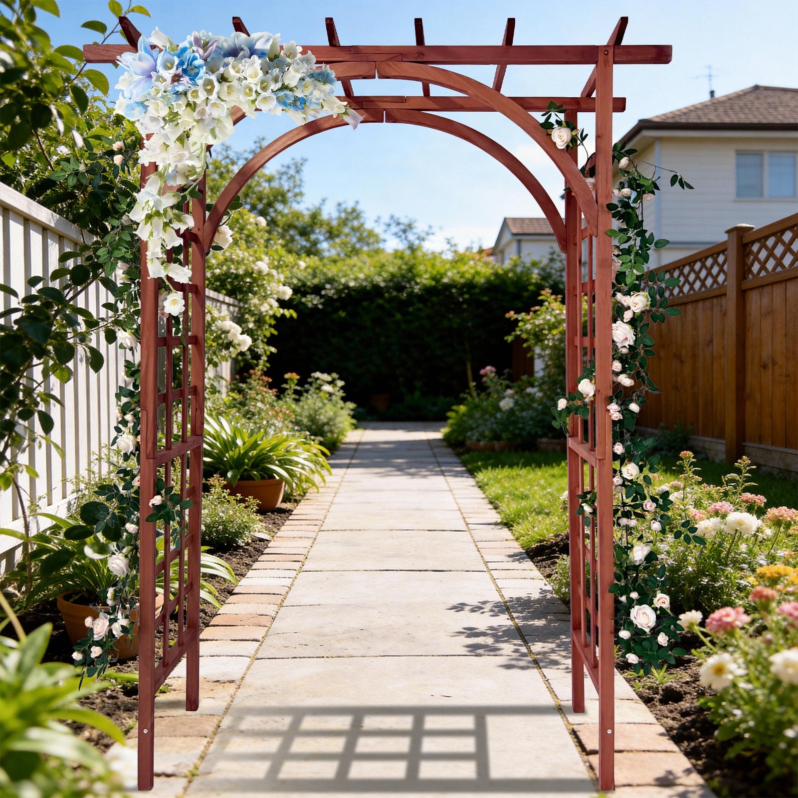Garvee 85-Inch Wooden Garden Arbor Trellis, Fir Wood Pergola Arch for Climbing Plants, Wedding, Patio, Lawn & Backyard, Teak, Arched & Flat Top