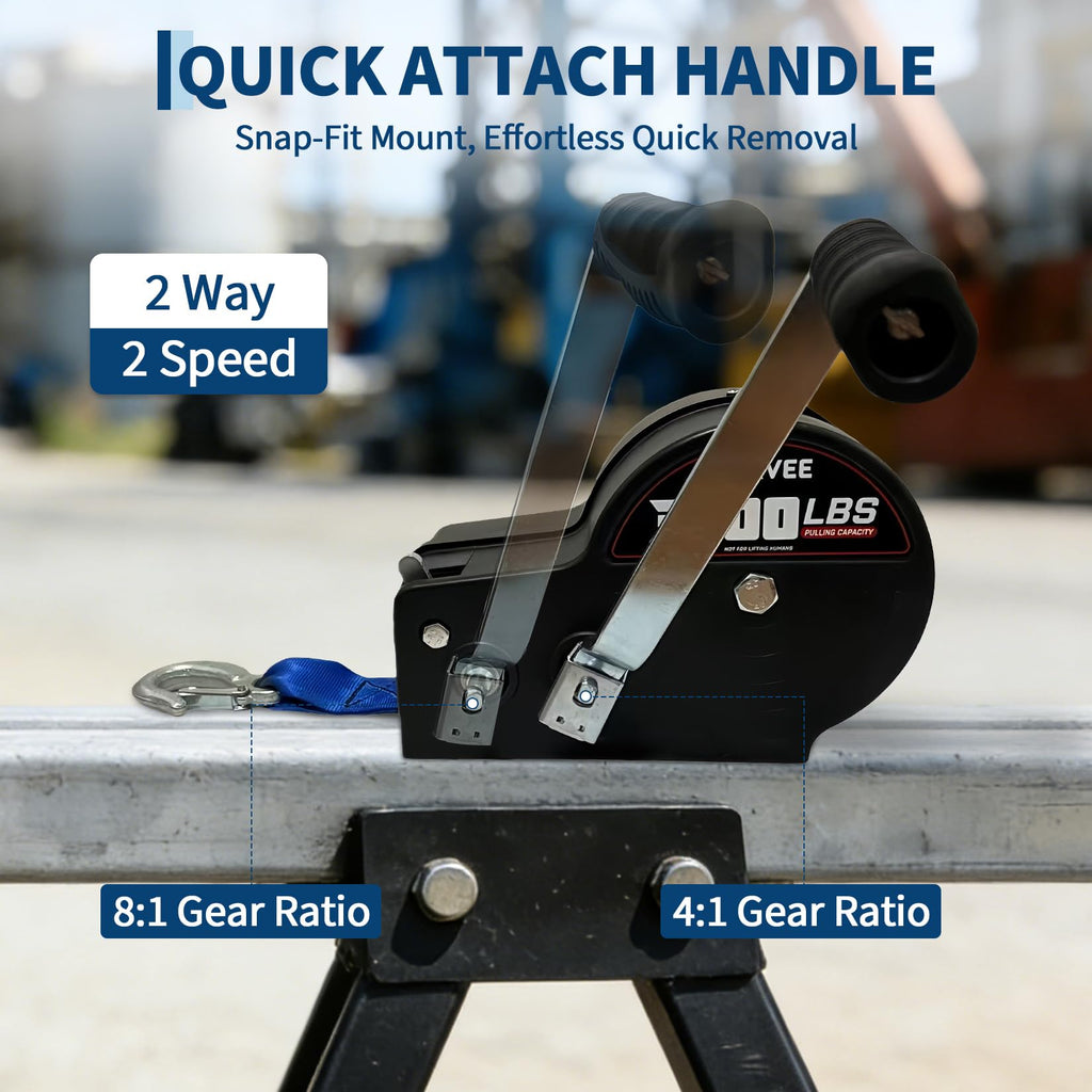 Garvee 3500lbs Heavy Duty Boat Trailer Winch with 33ft Strap, 4:1/8:1 Gear Ratio Hand Winch, Portable Hand Crank Winch for Towing Pulling Boat Trailer Truck RV ATV Jet Ski & Off-Road Recovery, Blue