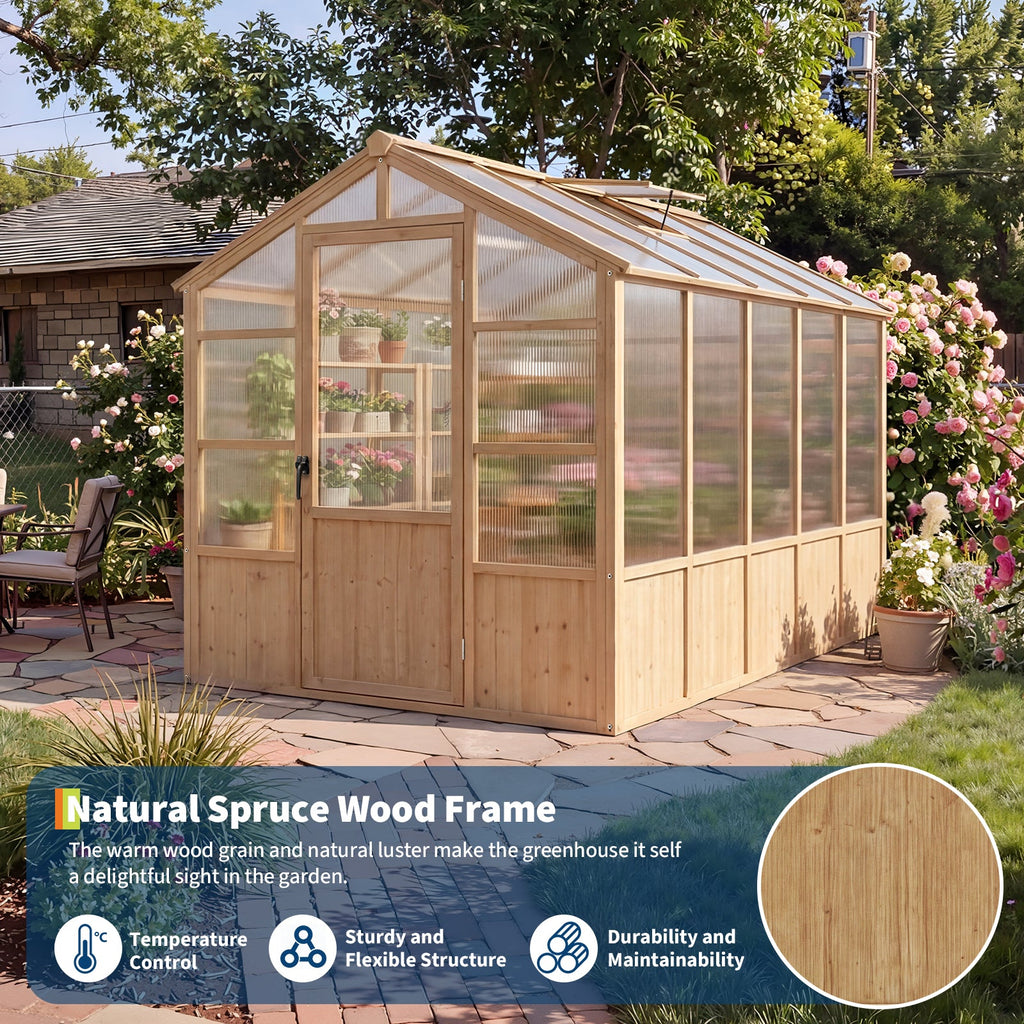 Garvee 6' x 10' Wooden Walk-In Greenhouse Kit, Outdoor Green House with Natural Spruce Wood Frame, Polycarbonate Panels, Ventilated Windows & Lockable Door for Garden, Backyard, Patio & Lawn