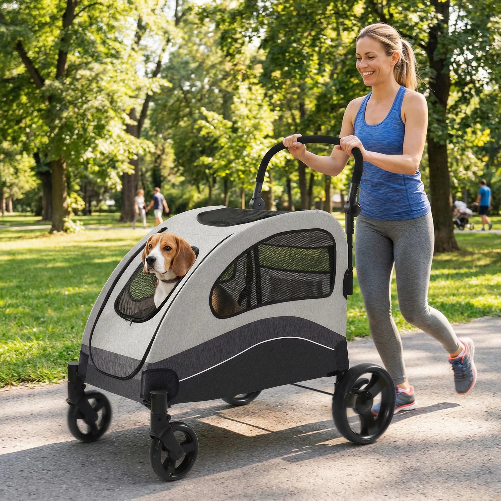 Garvee Foldable Dog Stroller, Large Dog Carrier with 360° Wheels, Adjustable Handle & Storage Pocket, Portable Puppy Travel Strollers, Pet Wagon for Large Dogs, 135 Lbs Capacity, Black