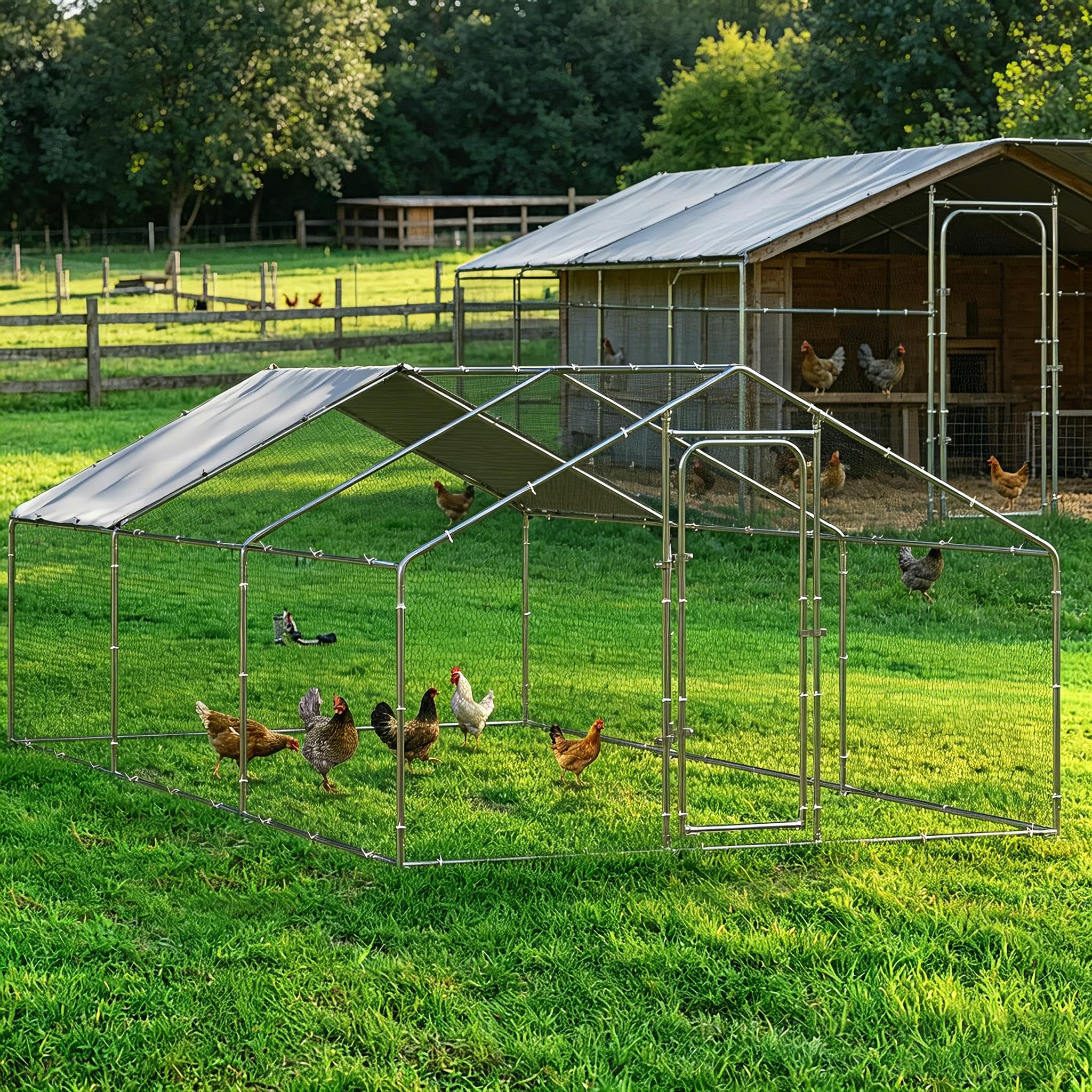 Garvee Large Walk-in Chicken Coop 9.84x19.68x6.56 FT – Sturdy Metal Poultry Enclosure with Spire Roof and Security Lock – Ideal for Hens, Ducks, Rabbits – For Backyard, Farm – Natural Color