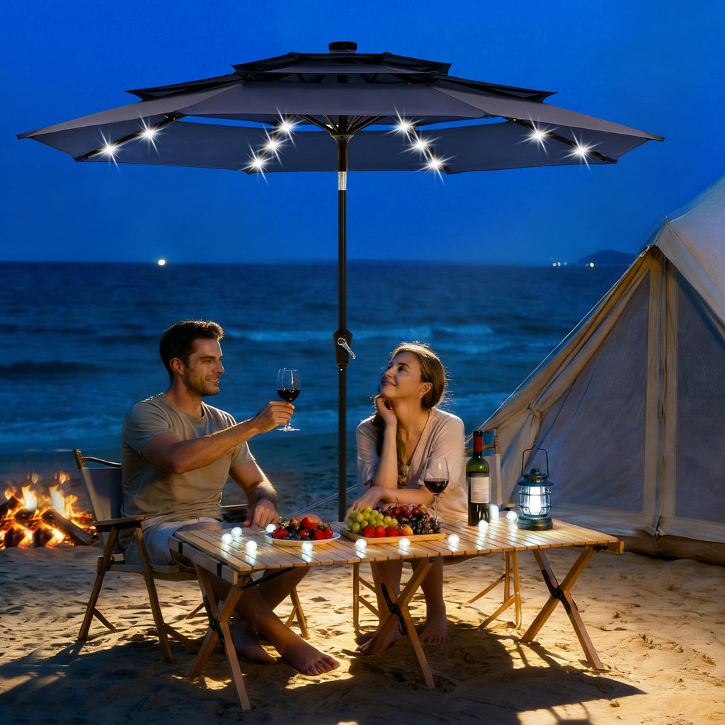 Garvee 9FT 3-Tier Solar LED Patio Umbrella, UV-Resistant Outdoor Market Umbrella with Crank & Tilt, 24 LED Lights & 8 Ribs, Navy Blue