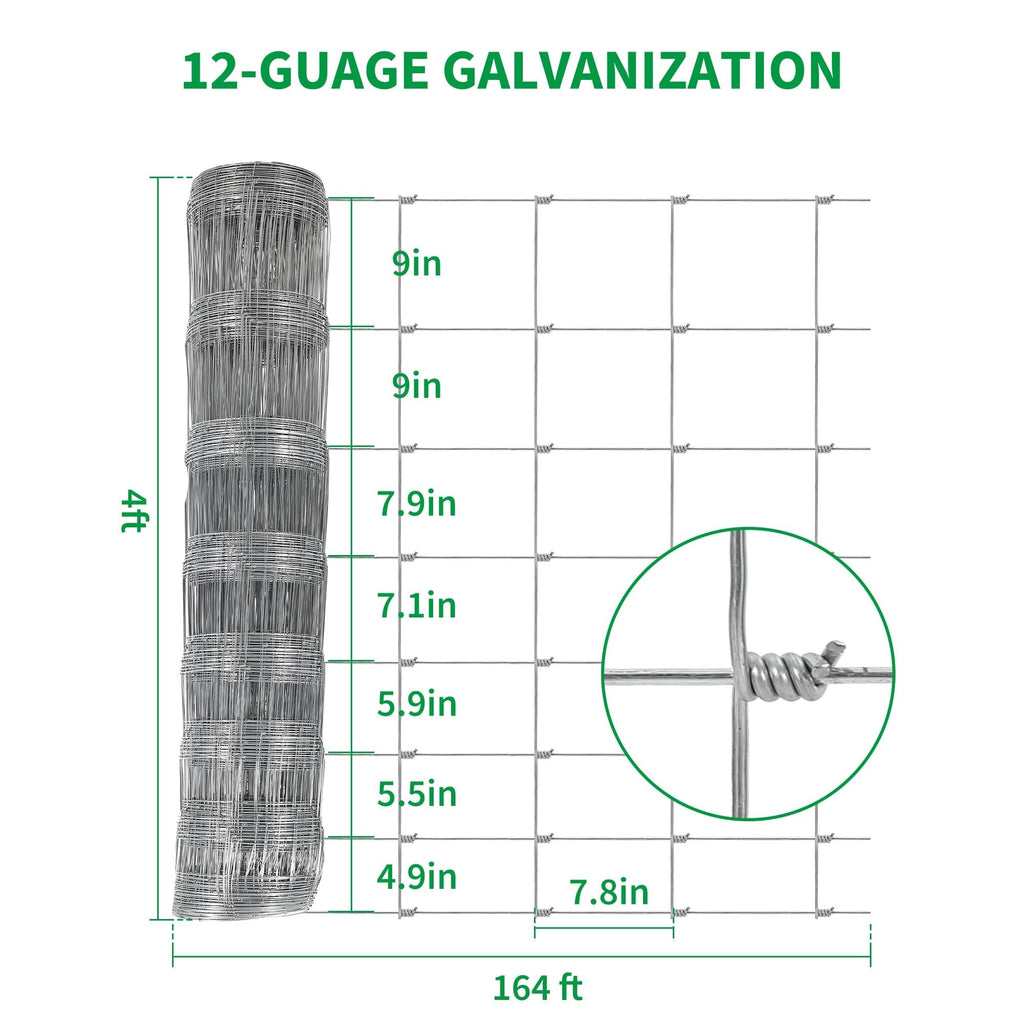 Garvee 4'x164'-Duty Galvanized Livestock Fence – Woven Wire, Hinge Knot, 14 Gauge – Secure Goats, Sheep, Hogs – Durable Farm & Pasture Perimeter Fencing