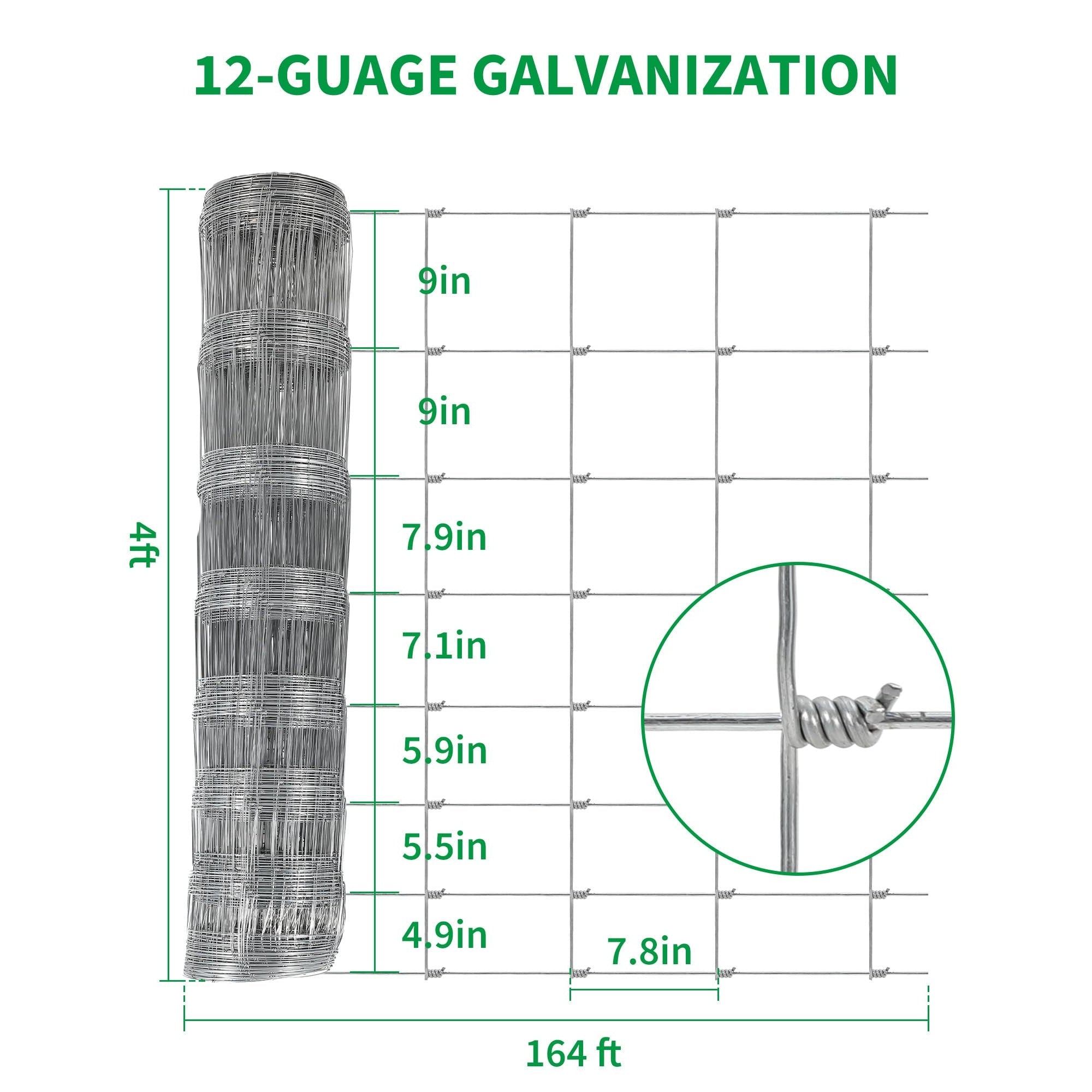 Garvee 4'x164'-Duty Galvanized Livestock Fence – Woven Wire, Hinge Knot, 14 Gauge – Secure Goats, Sheep, Hogs – Durable Farm & Pasture Perimeter Fencing