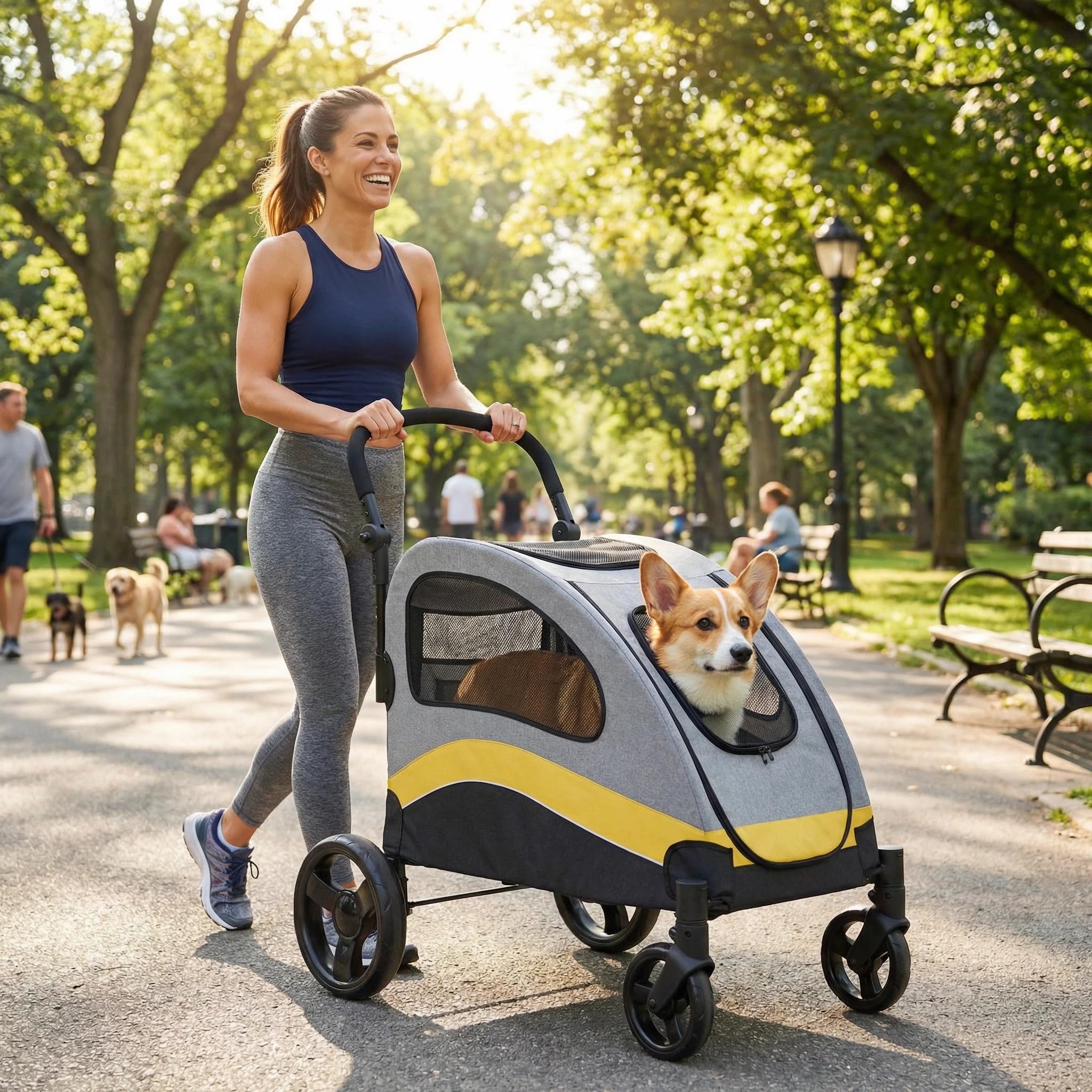 Garvee Foldable Dog Stroller, Large Dog Carrier with 360° Wheels, Adjustable Handle & Storage Pocket, Portable Puppy Travel Strollers, Pet Wagon for Large Dogs, 135 Lbs Capacity, Yellow