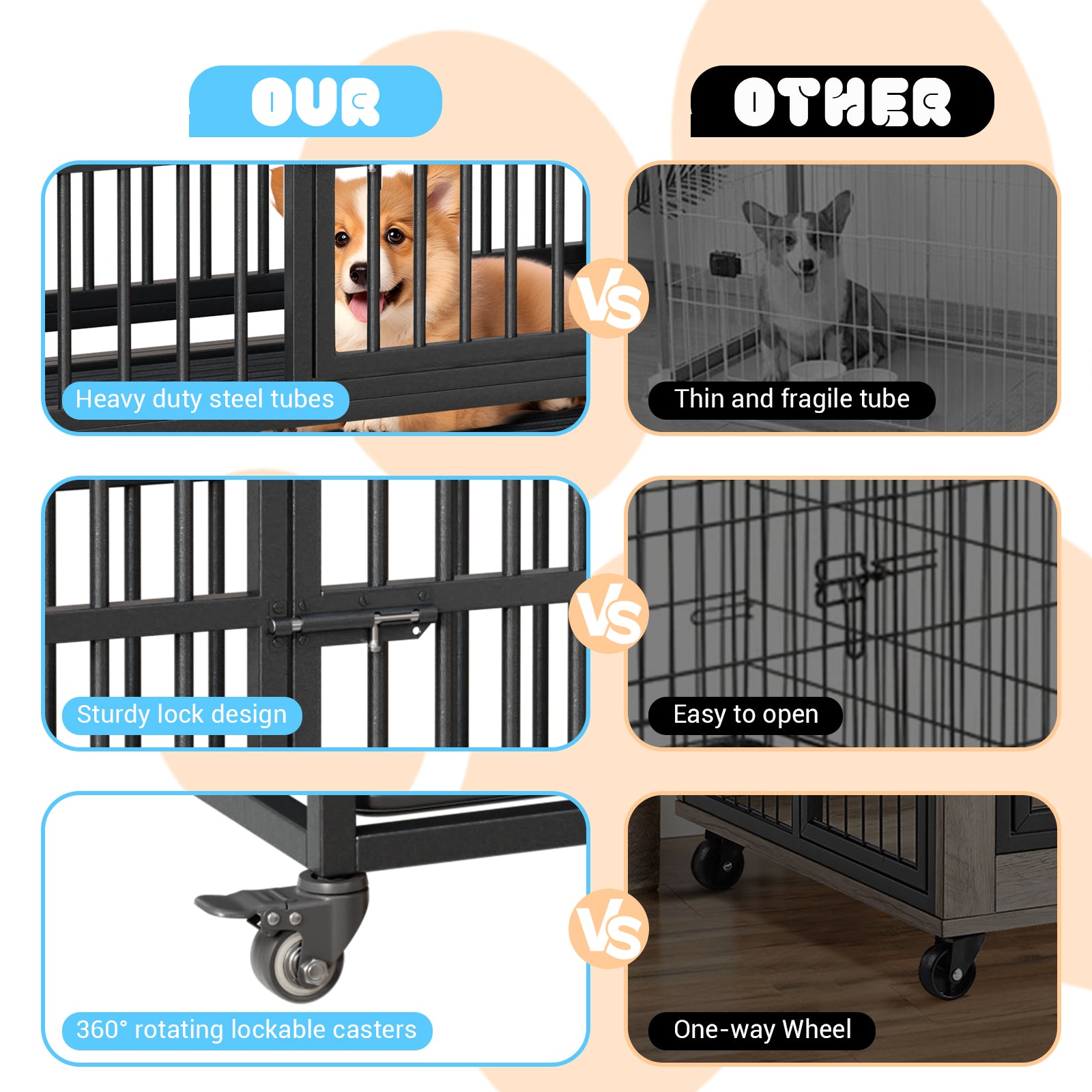 Garvee Heavy Duty Indestructible Dog Crate – Escape-Proof Steel Kennel with Double Doors, 360° Lockable Wheels, Removable Tray, Easy Assembly – Secure Dog Cage for Small, Medium, Large Breeds, Size: 37inch