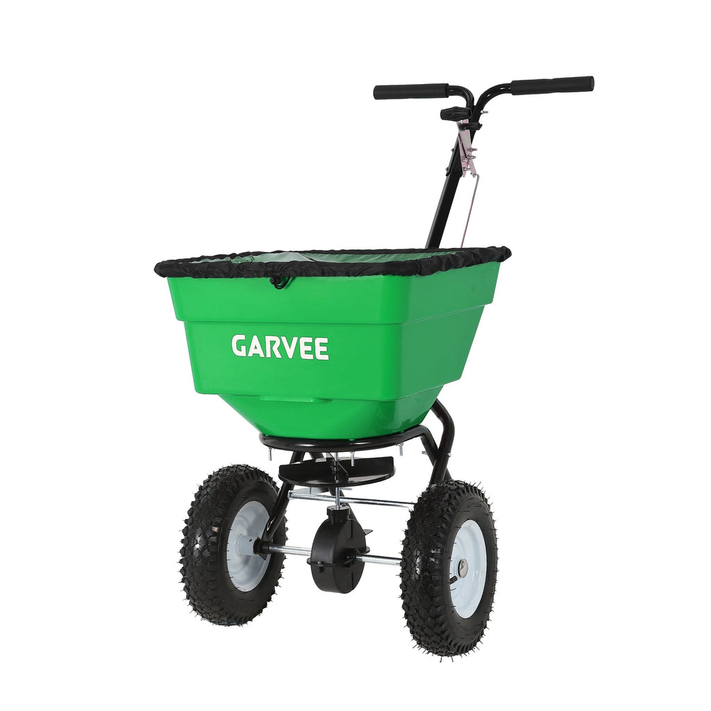 Garvee 100 lb Push Broadcast Spreader, T-Handle Walk-Behind Lawn & Garden Fertilizer Spreader with 58 L Hopper, 0–12 ft Coverage, 13" All-Terrain Wheels & 20-Level Flow Control for Seed, Fertilizer, Salt & Ice Melt, Green/Black